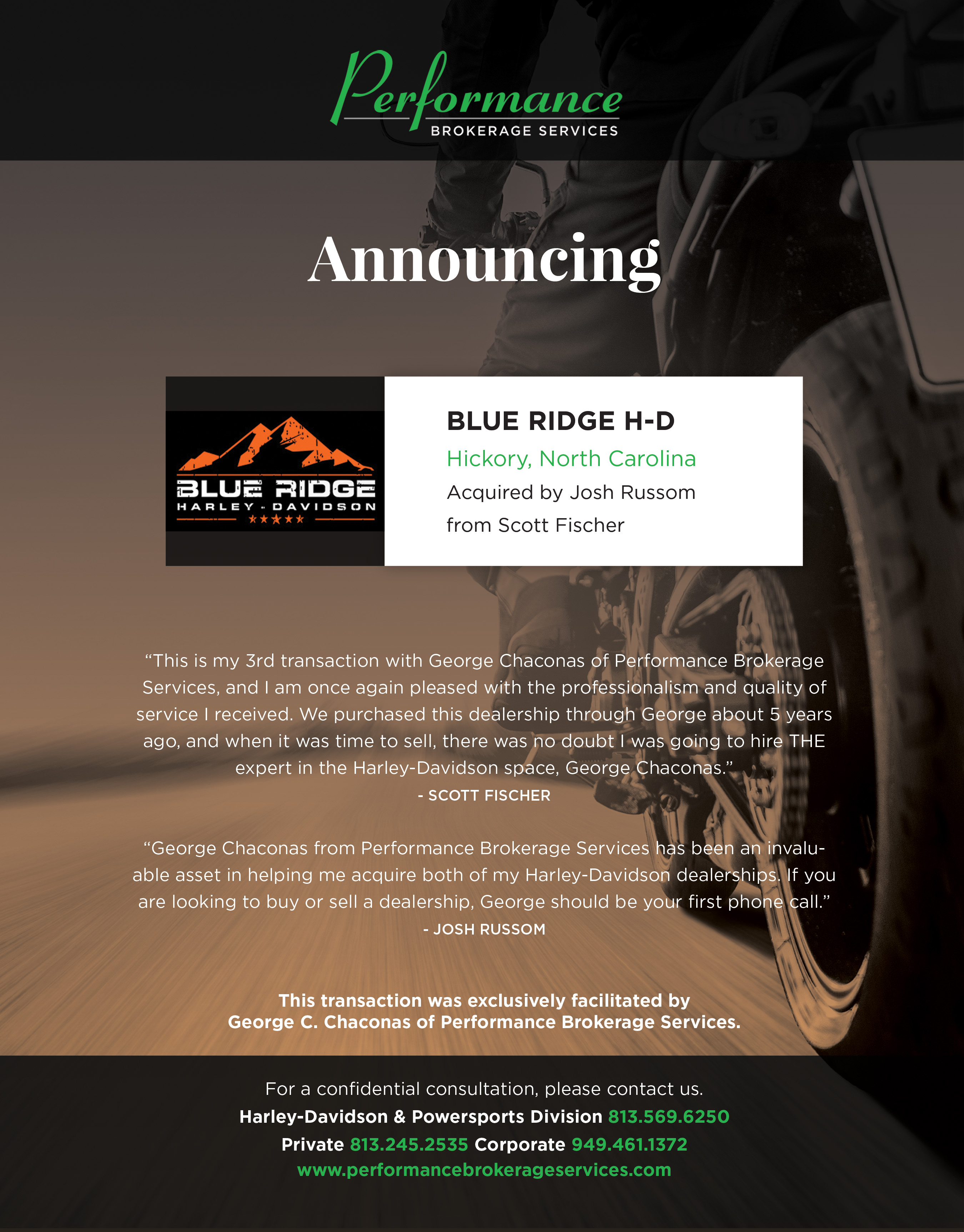 Blue Ridge Harley Davidson In Hickory North Carolina Sells To Josh Russom Performance Brokerage Services