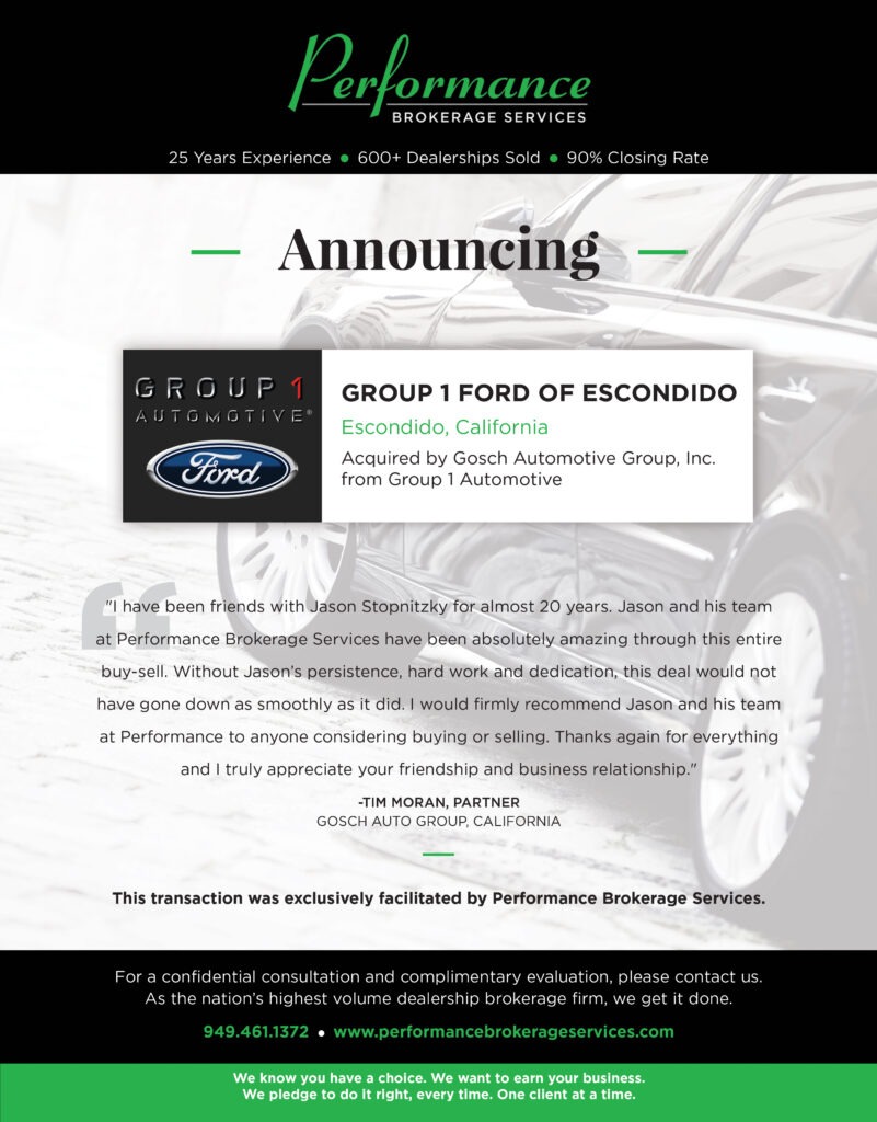 Group 1 Automotive Sell Ford Dealership in Escondido, California to