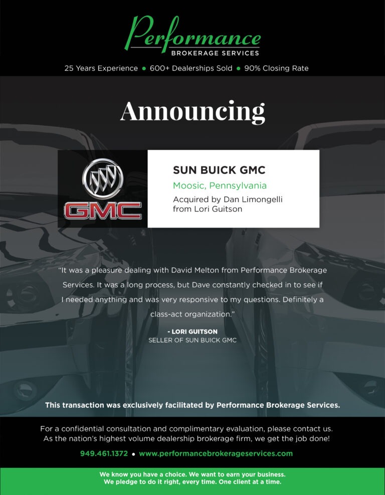Sun Buick GMC in Moosic, Pennsylvania Sells to Independent Dealer
