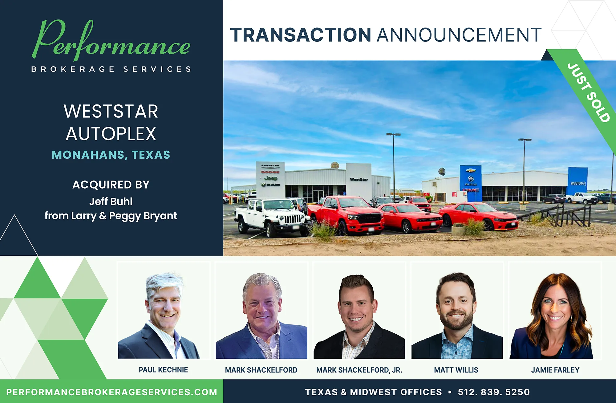 WestStar Autoplex dealership in Monahans, Texas acquired by Jeff Buhl, transaction announced by Performance Brokerage Services.