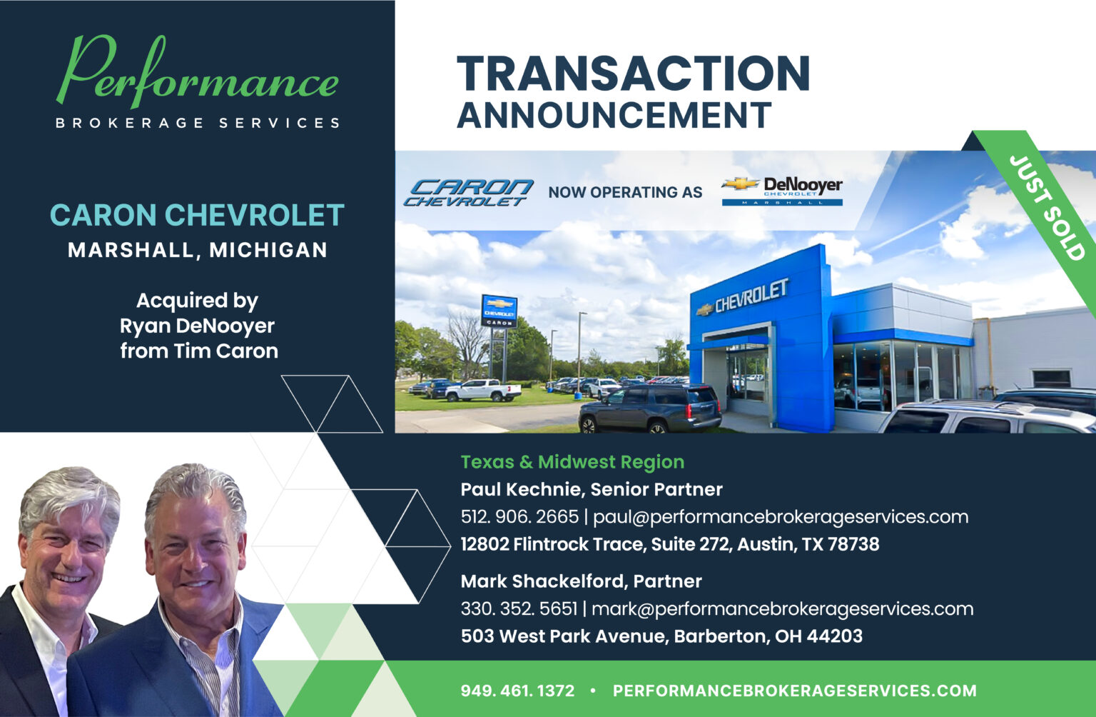 Ryan DeNooyer Acquires Caron Chevrolet in Marshall, Michigan from Tim Caron Performance