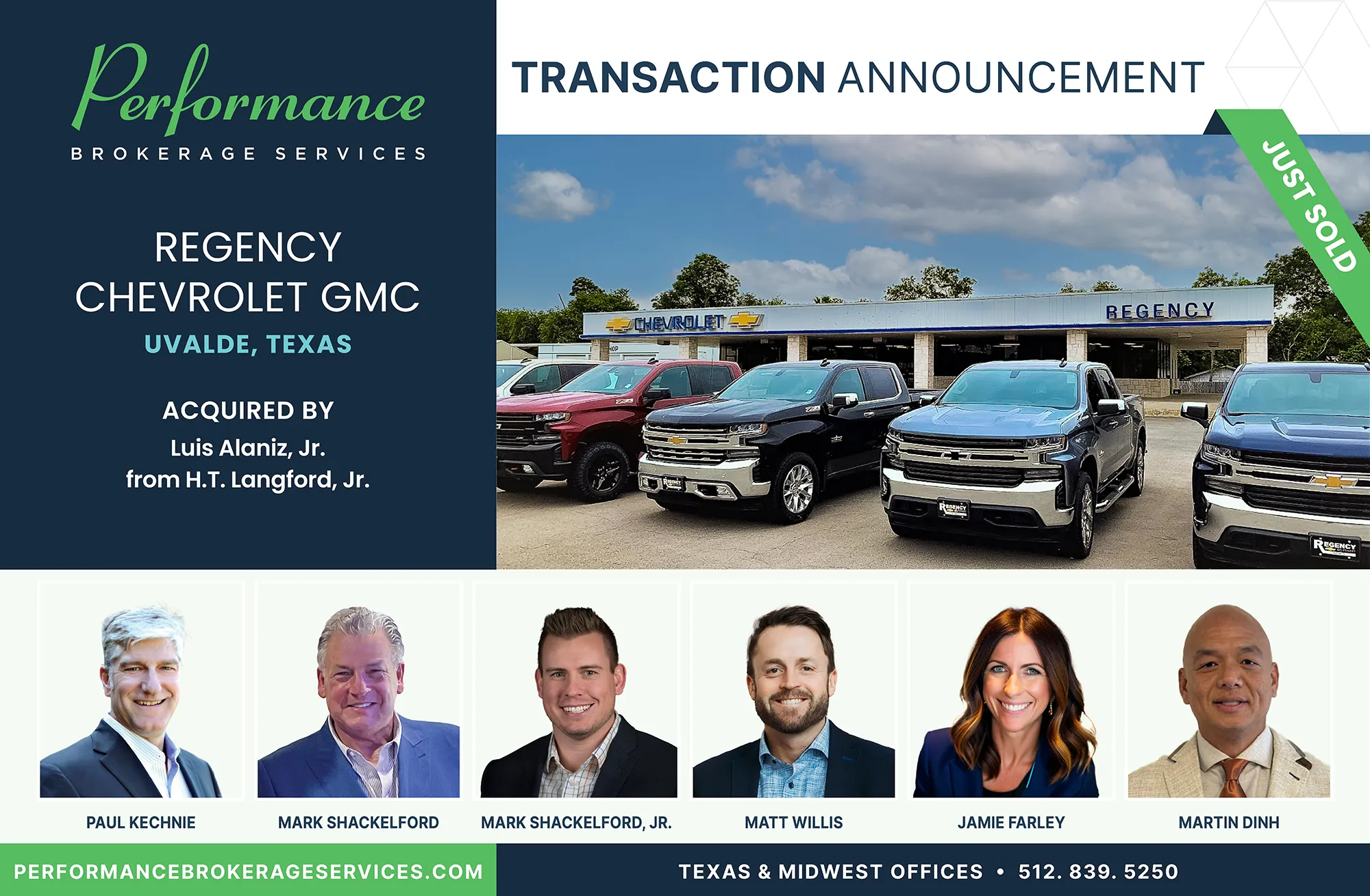Regency Chevrolet GMC in Uvalde, Texas acquired by Luis Alaniz, Jr. from H.T. Langford, Jr., facilitated by Performance Brokerage Services.