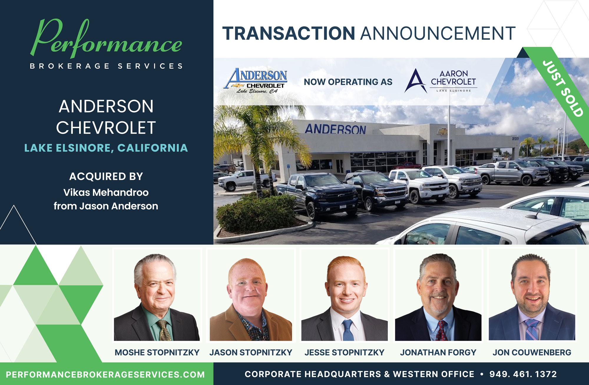Anderson Chevrolet sells to Aaron Auto Group with Performance Brokerage