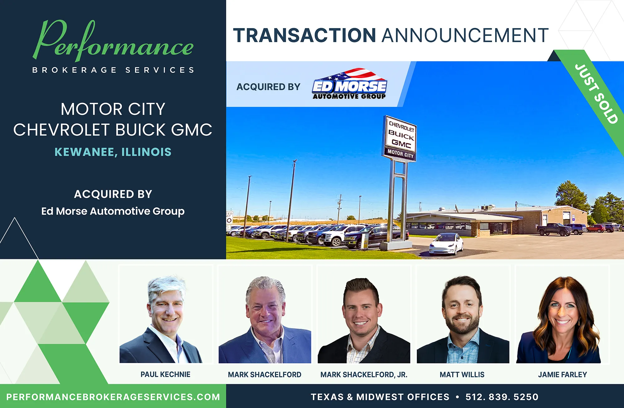 Motor City Chevrolet Buick GMC dealership in Kewanee, Illinois acquired by Ed Morse Automotive Group, transaction announced by Performance Brokerage Services.