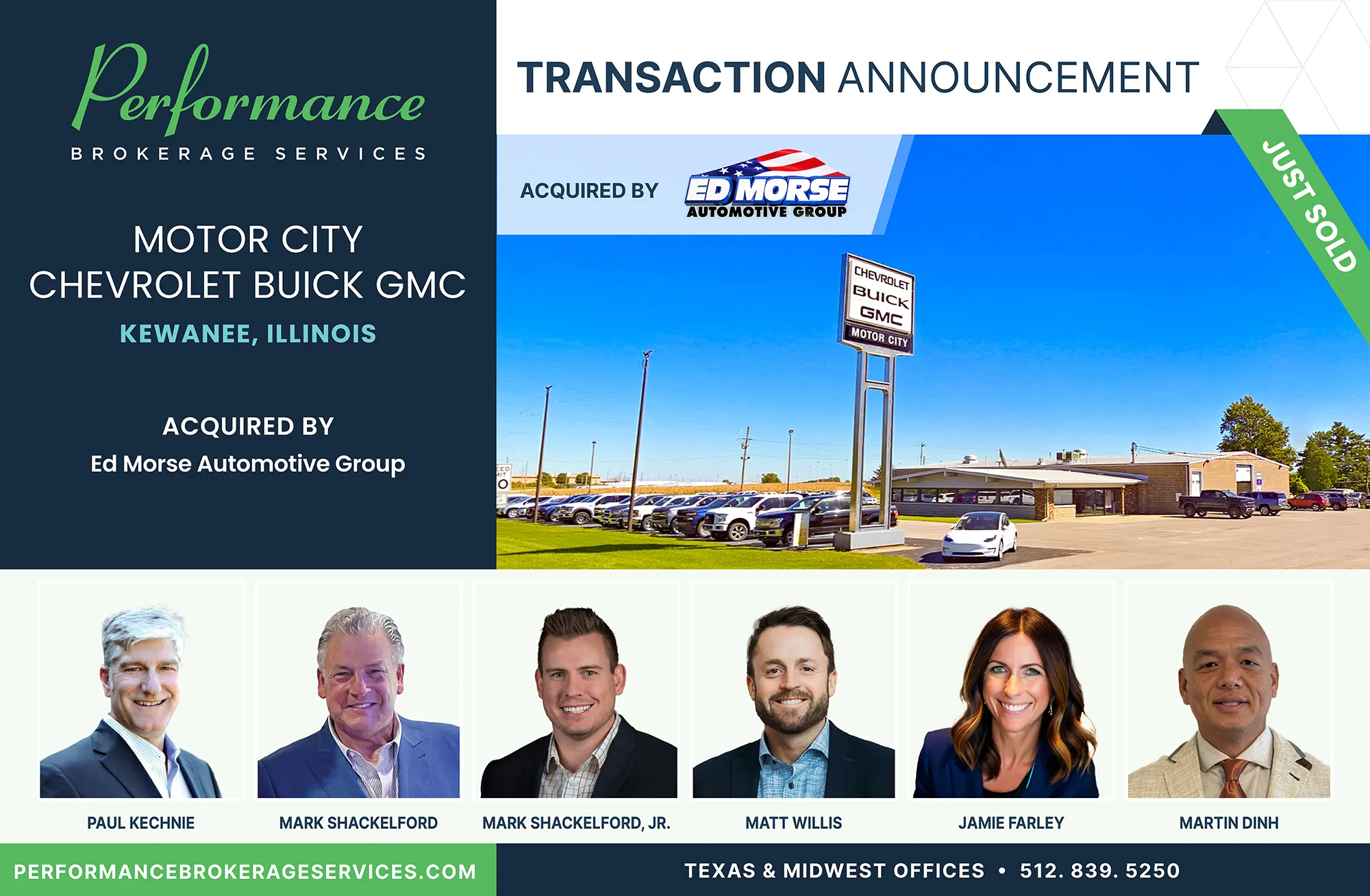 Motor City Chevrolet Buick GMC in Kewanee, Illinois acquired by Ed Morse Automotive Group, facilitated by Performance Brokerage Services.