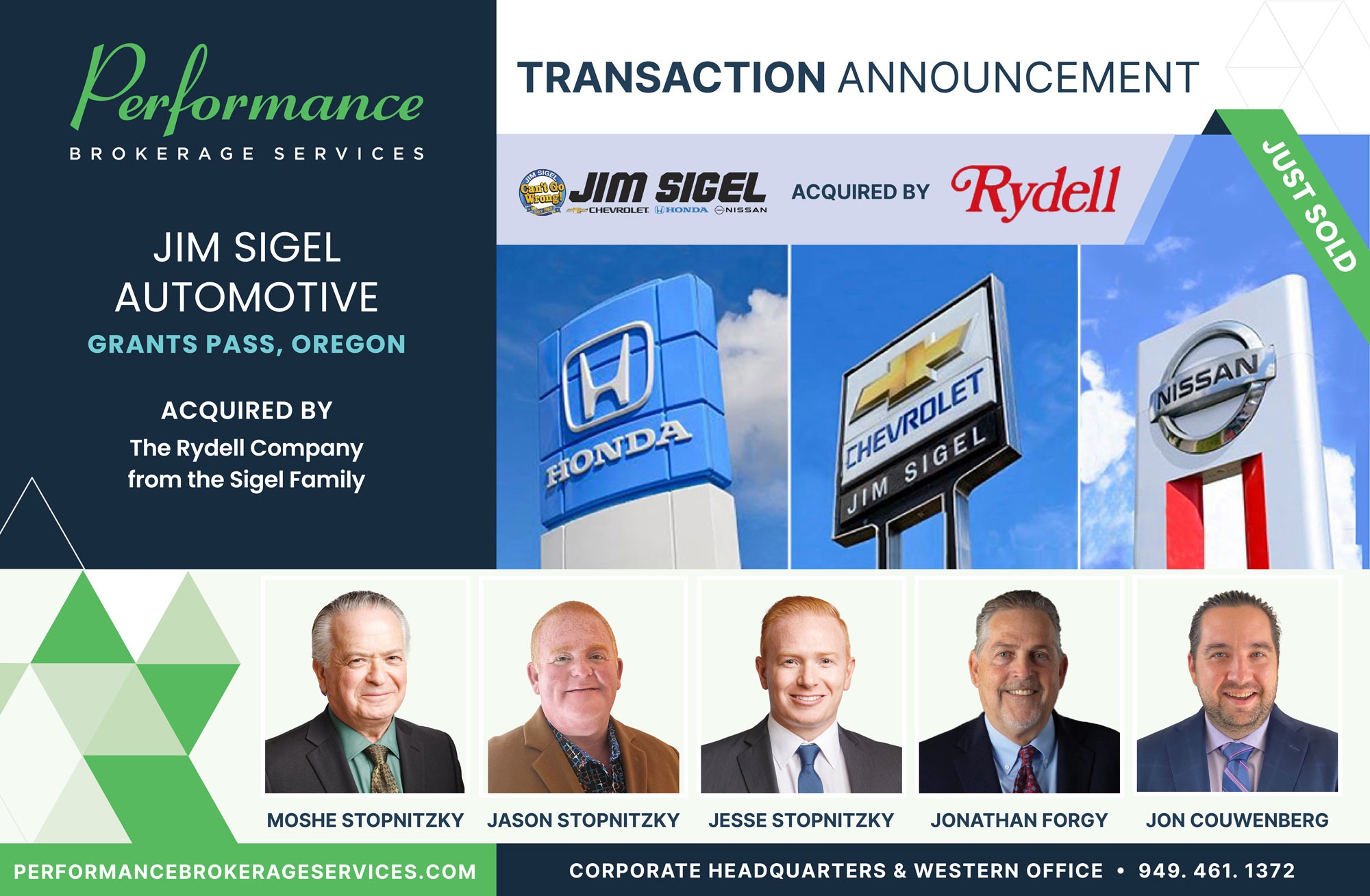 Jim Sigel Automotive sells to the Rydell Company with performance brokerage