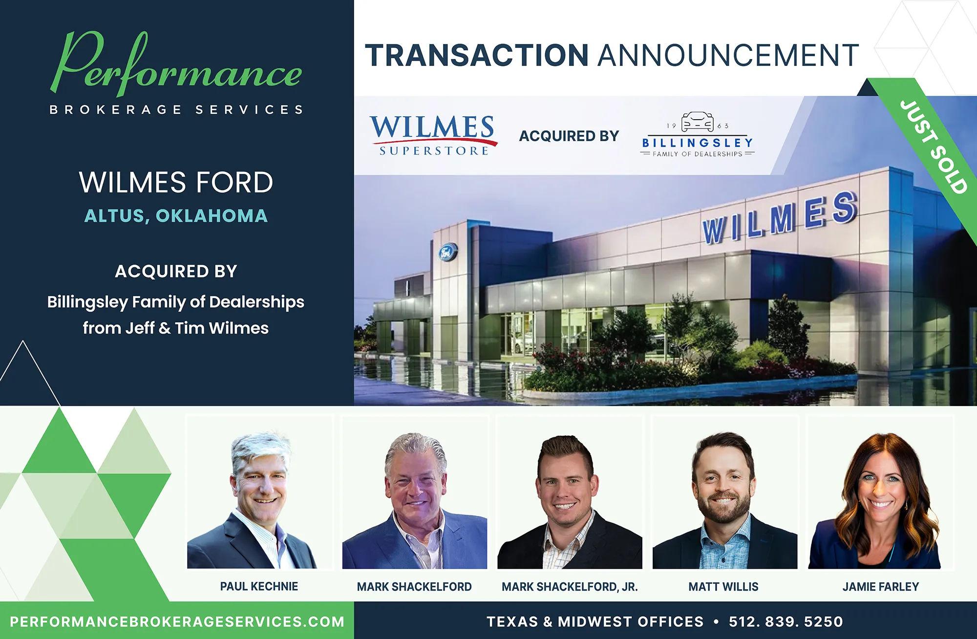 Wilmes Ford dealership in Altus, Oklahoma acquired by Billingsley Family of Dealerships, transaction announced by Performance Brokerage Services.
