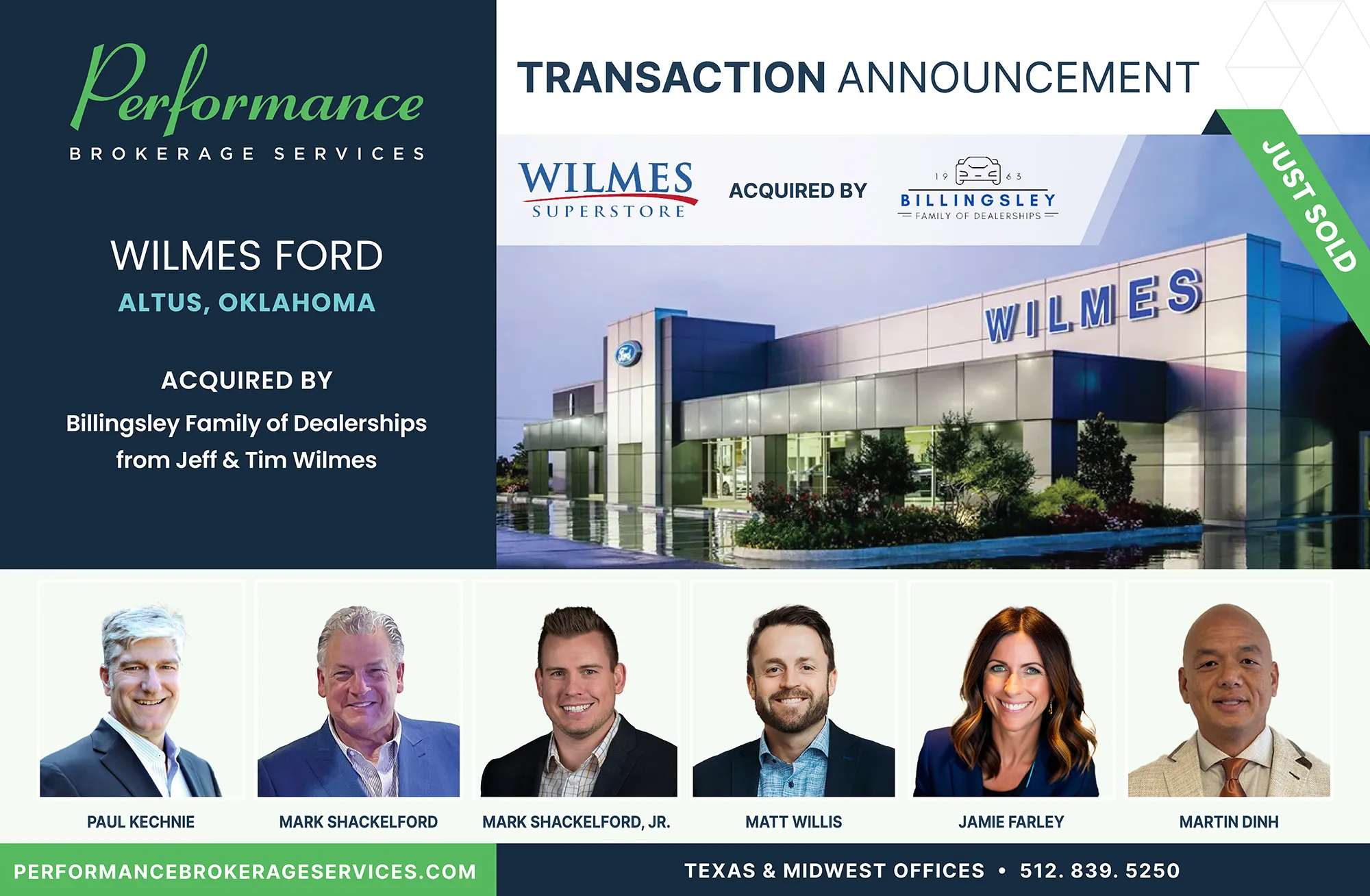 Wilmes Ford in Atlus, Oklahoma acquired by Billingsley Family Dealerships, facilitated by Performance Brokerage Services