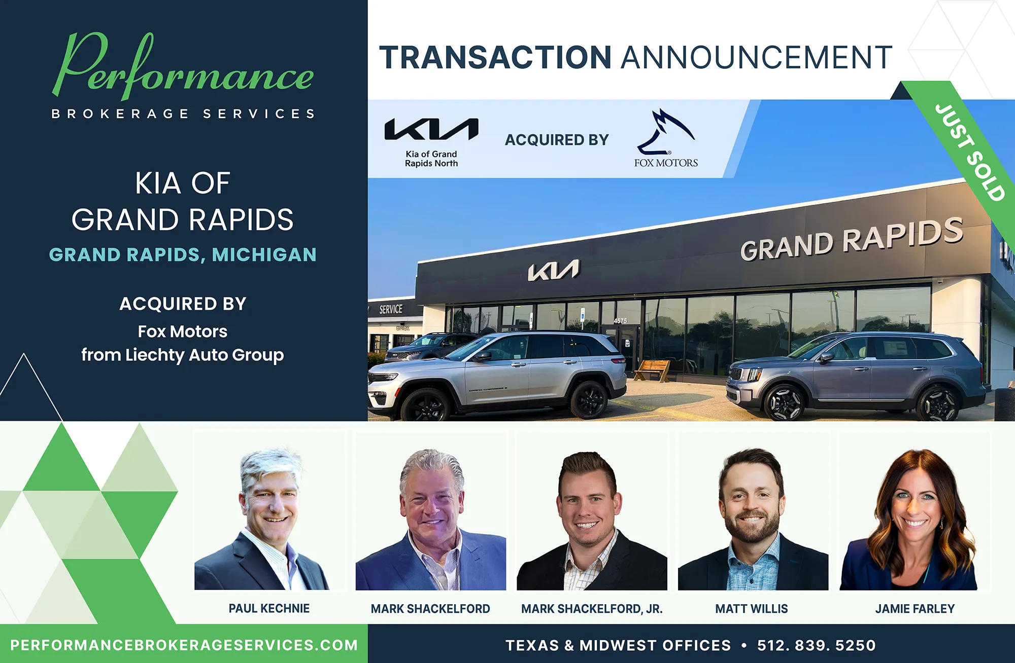Kia of Grand Rapids dealership in Grand Rapids, Michigan acquired by Fox Motors, transaction announced by Performance Brokerage Services.