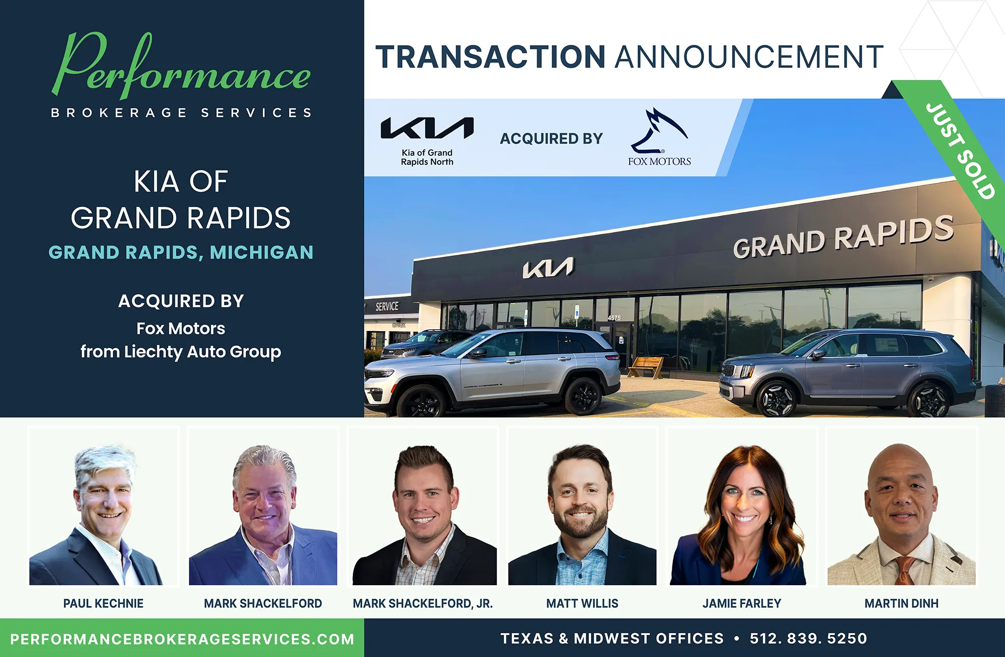 Kia of Grand Rapids in Grand Rapids, Michigan acquired by Fox Motors, facilitated by Performance Brokerage Services