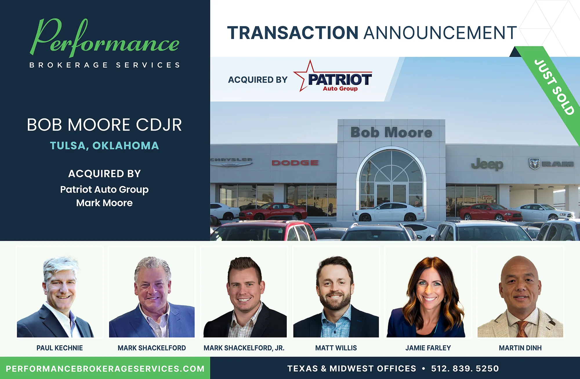 Bob Moore CDJR in Tulsa, Oklahoma acquired by Patriot Auto Group and Mark Moore, facilitated by Performance Brokerage Services