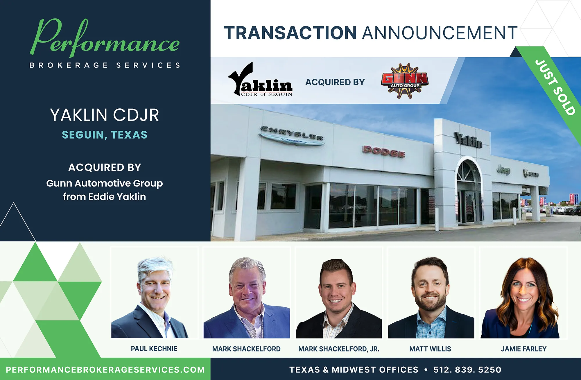 Yaklin CDJR dealership in Seguin, Texas acquired by Gunn Automotive Group, transaction announced by Performance Brokerage Services.