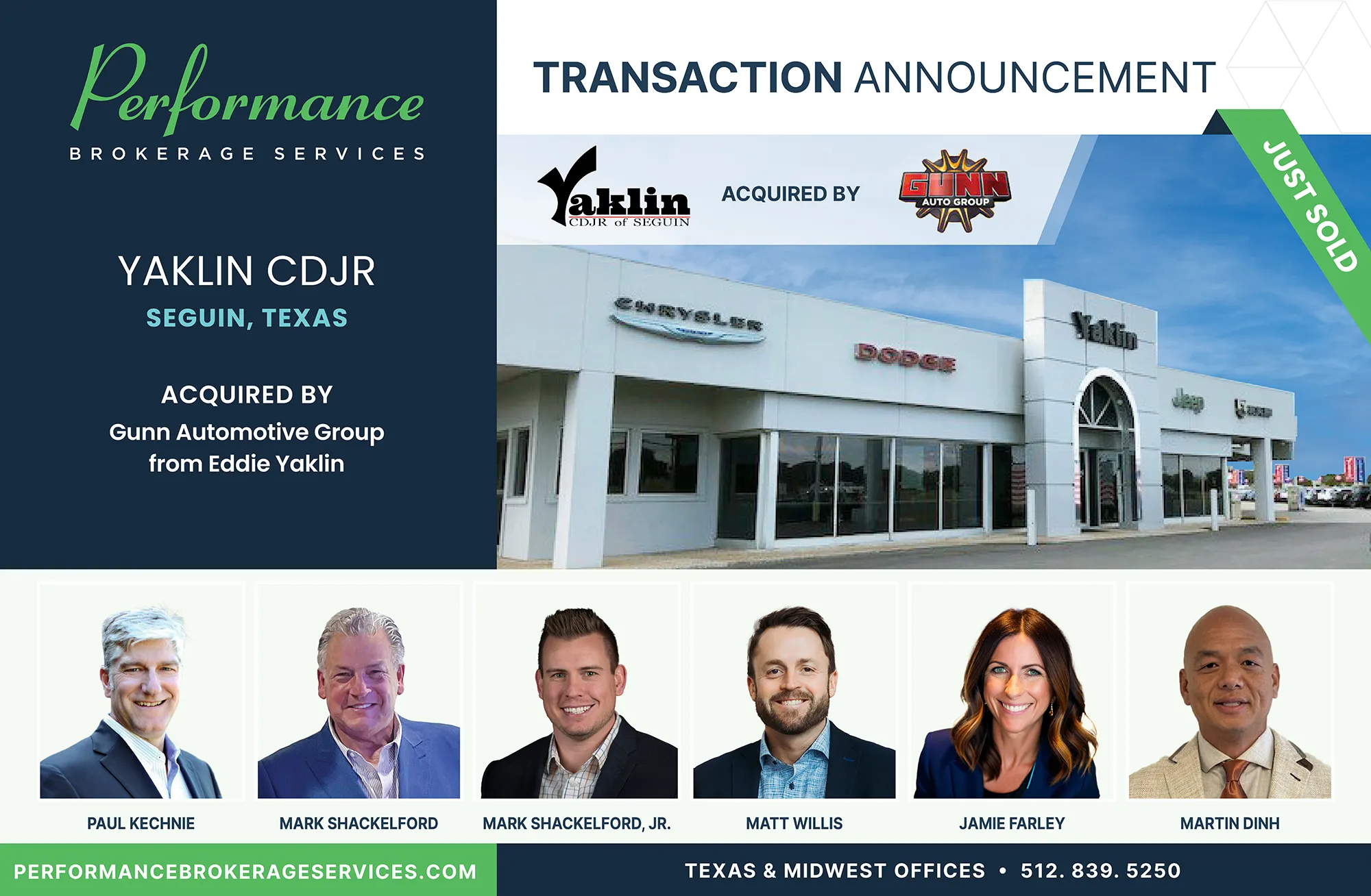 Yaklin CDJR in Seguin, Texas acquired by Gunn Automotive Group, facilitated by Performance Brokerage Services.