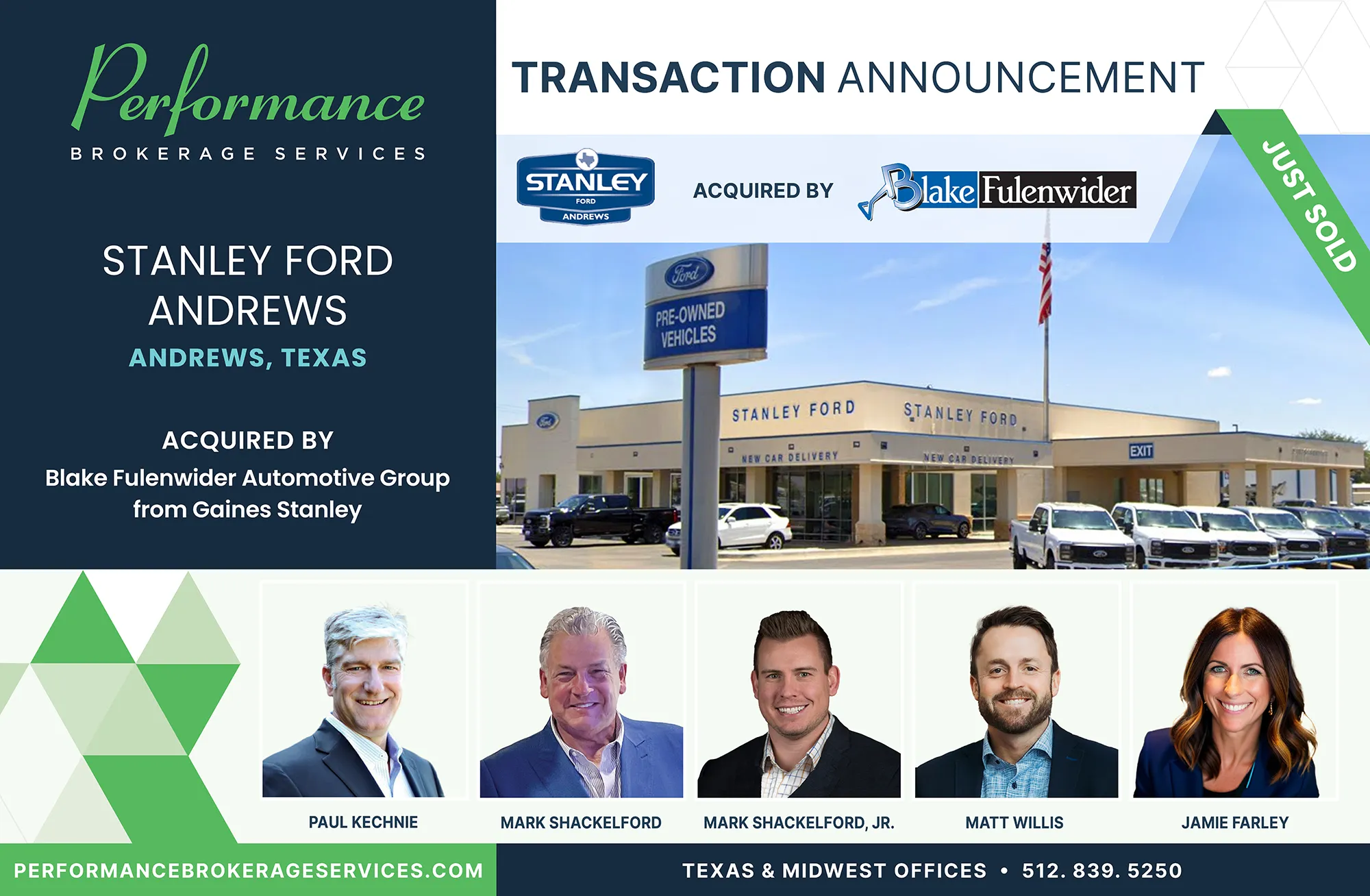 Stanley Ford Andrews dealership in Andrews, Texas acquired by Blake Fulenwider Automotive Group, transaction announced by Performance Brokerage Services.