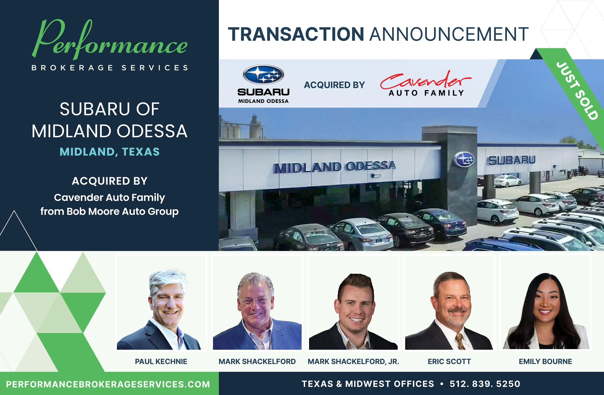 Subaru of Midland Odessa Texas sells to Cavender Auto Family from Bob Moore Auto Group with Performance Brokerage