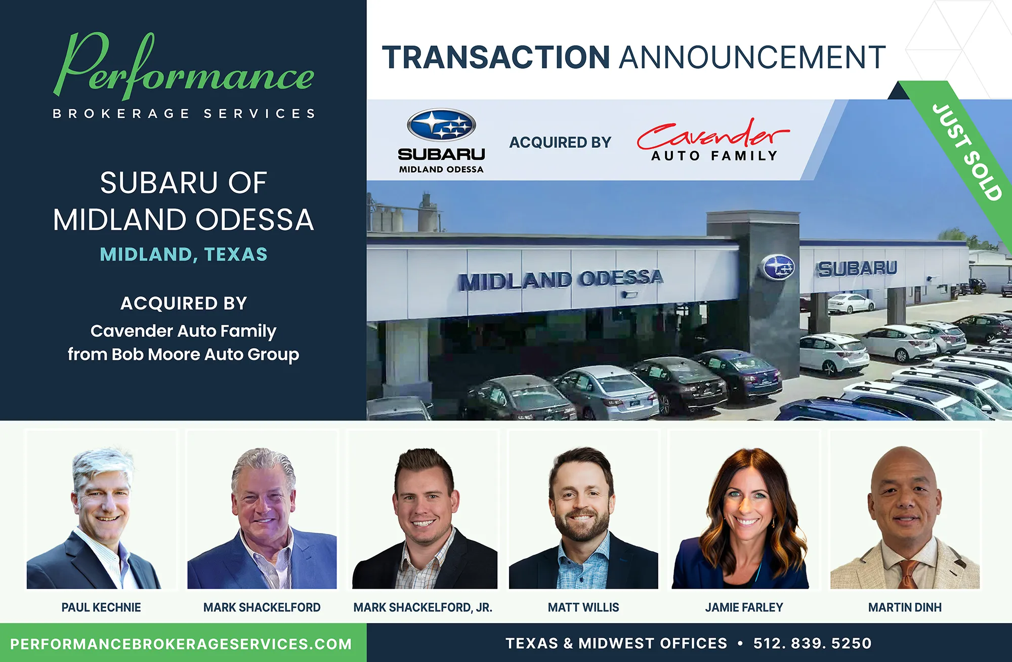 Subaru of Midland Odessa Texas sells to Cavender Auto Family from Bob Moore Auto Group with Performance Brokerage