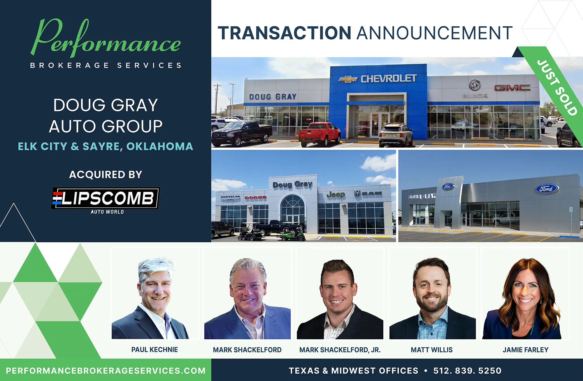 Doug Gray Auto Group dealerships in Elk City and Sayre, Oklahoma acquired by Lipscomb Auto World, transaction announced by Performance Brokerage Services.