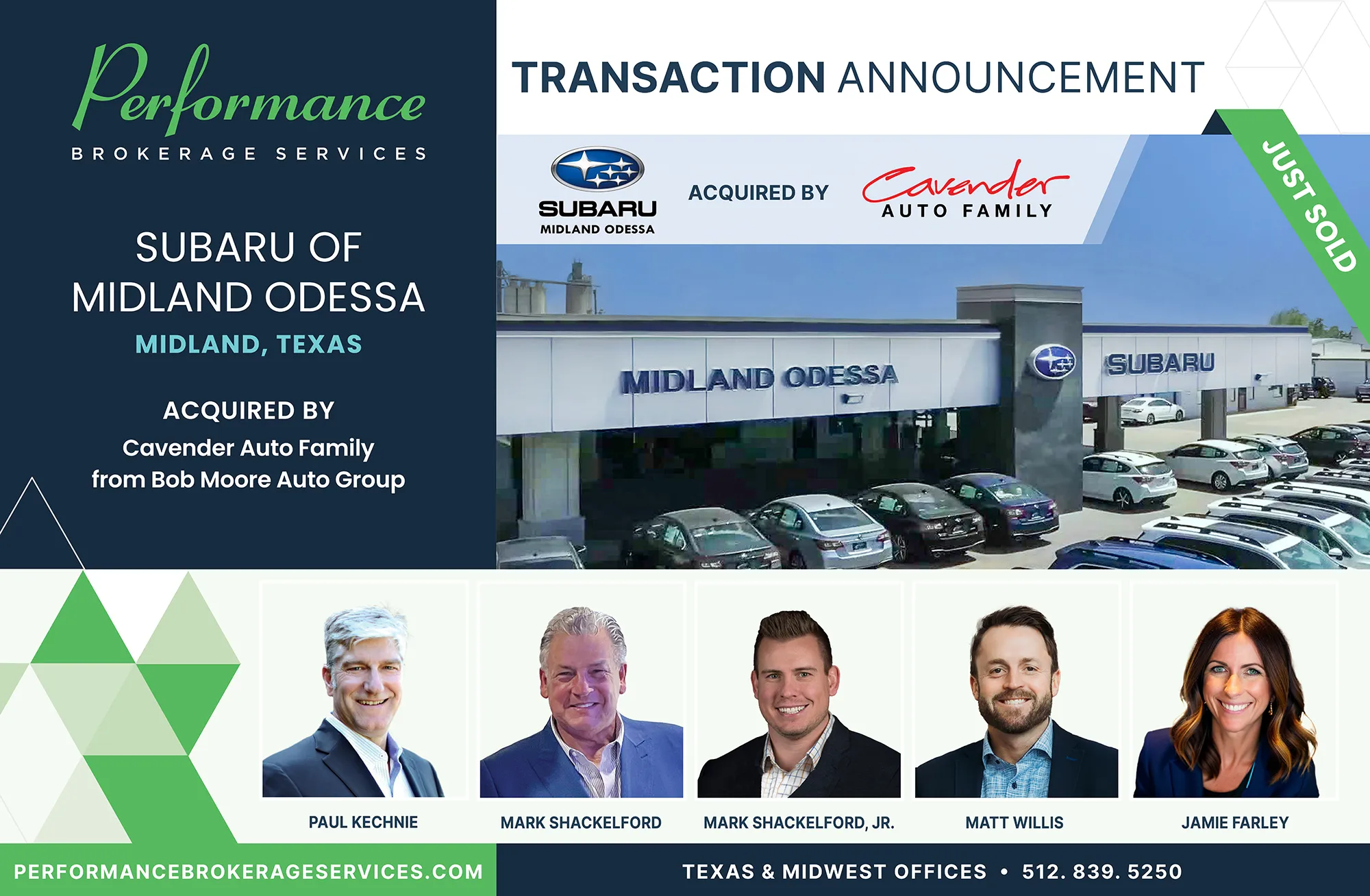 Subaru of Midland Odessa dealership in Midland, Texas acquired by Cavender Auto Family, transaction announced by Performance Brokerage Services.
