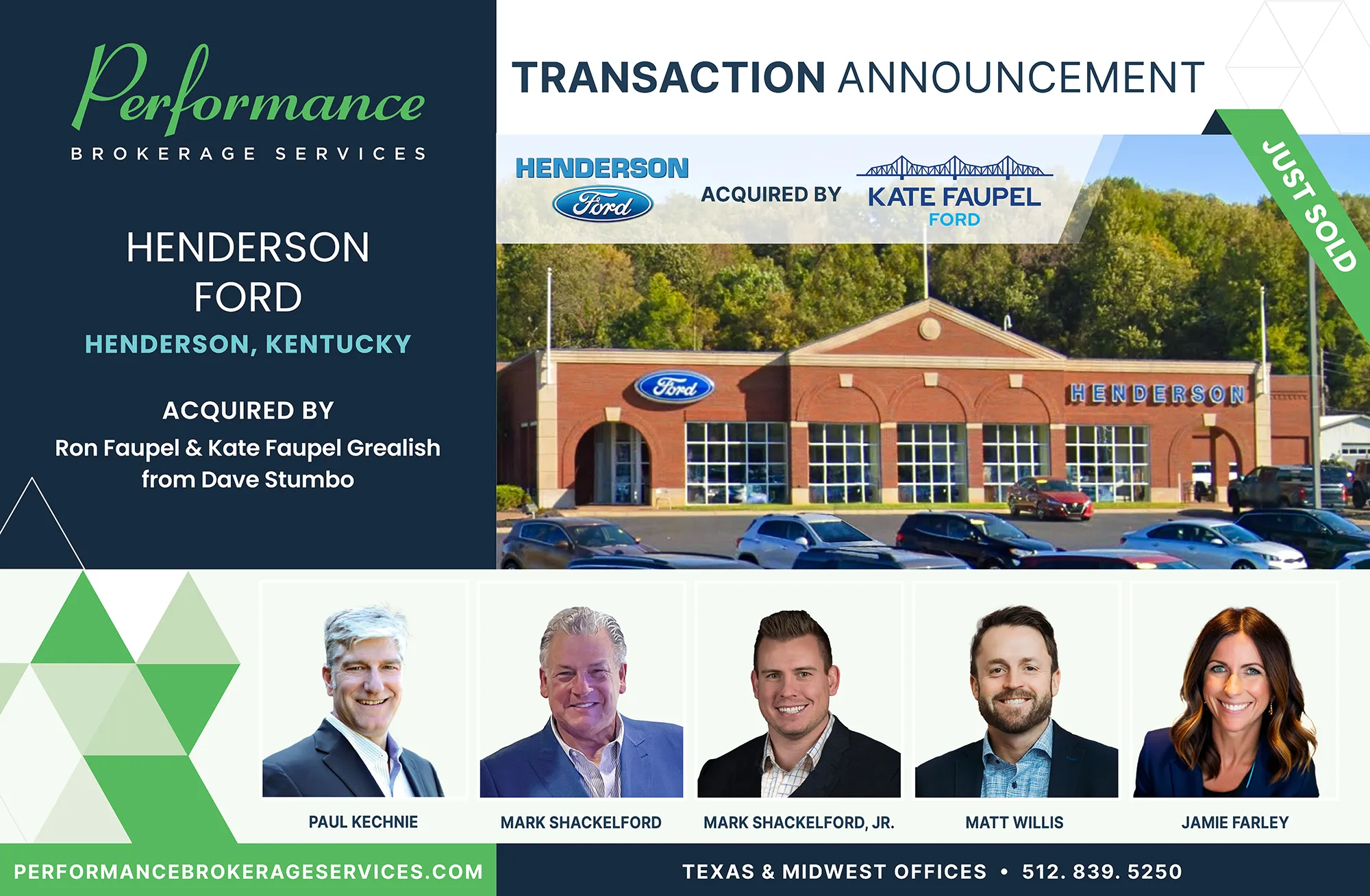 Henderson Ford dealership in Henderson, Kentucky acquired by Kate Faupel Ford, transaction completed by Performance Brokerage Services.