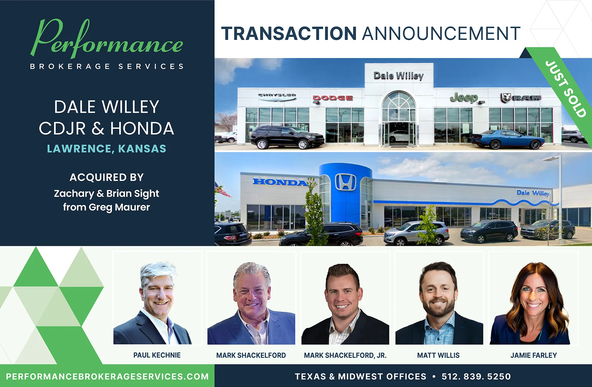 Dale Willey CDJR and Honda dealerships in Lawrence, Kansas acquired by Zachary and Brian Sight, transaction completed by Performance Brokerage Services.