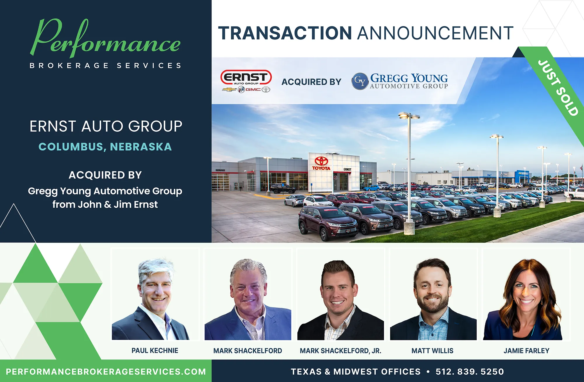 Ernst Auto Group dealerships in Columbus, Nebraska acquired by Gregg Young Automotive Group, transaction completed by Performance Brokerage Services.