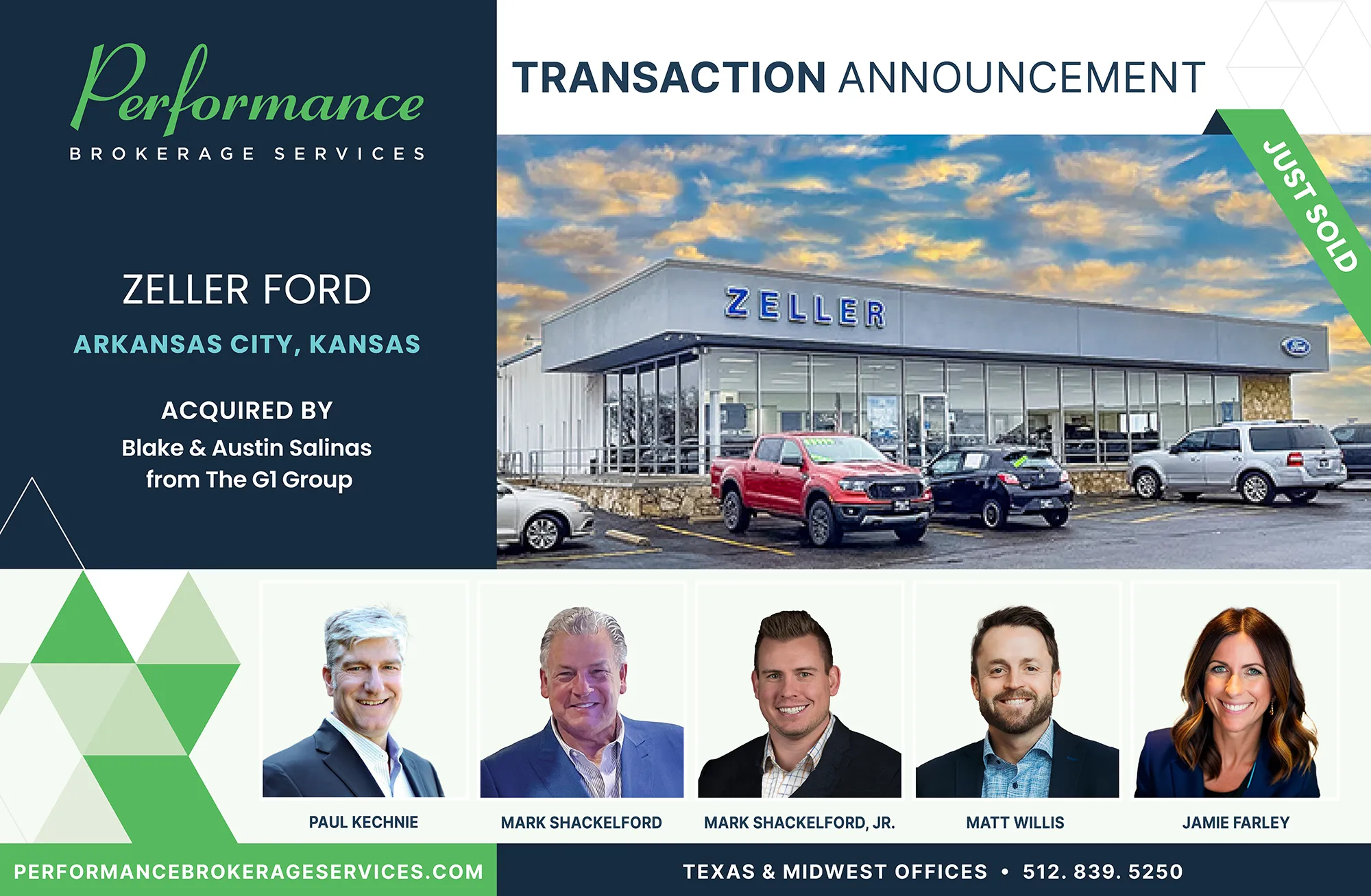 Zeller Ford dealership in Arkansas City, Kansas acquired by the G1 Group, transaction completed by Performance Brokerage Services.