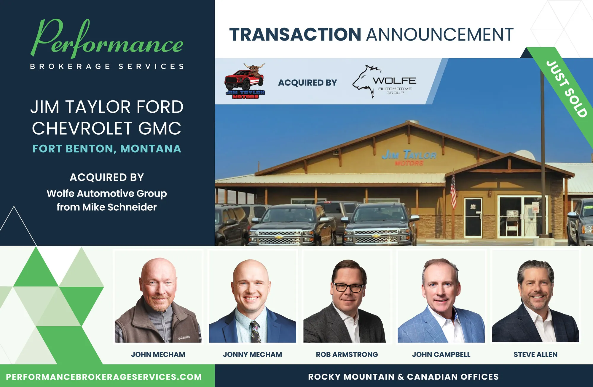 Jim Taylor Motors Ford Chevrolet GMC sells to Wolfe Automotive with Performance Brokerage