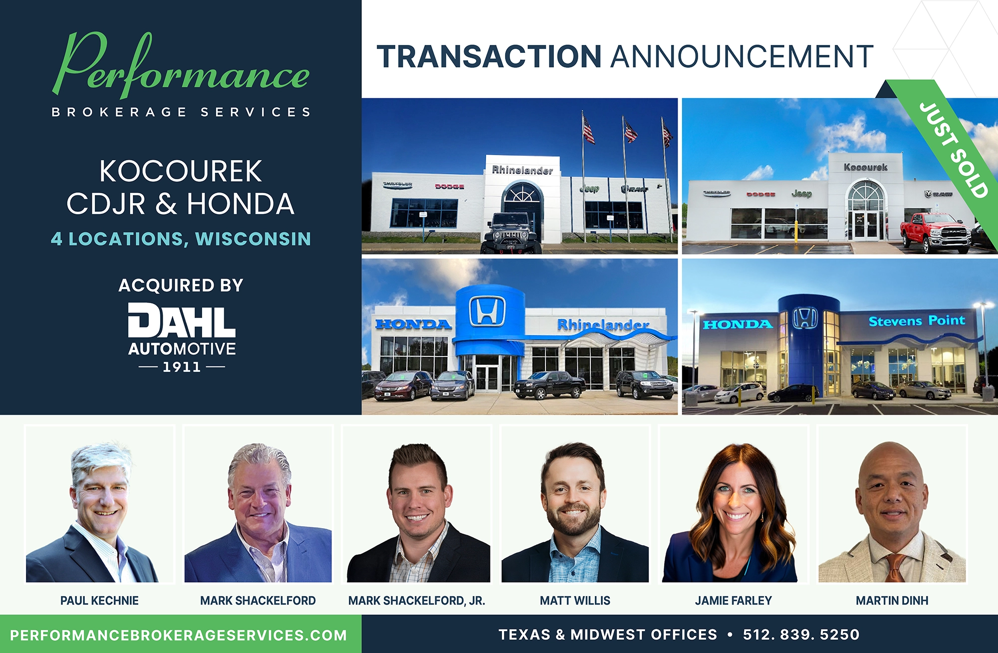 Kocourek Chrysler Dodge Jeep Ram sells to Dahl Automotive with Performance Brokerage