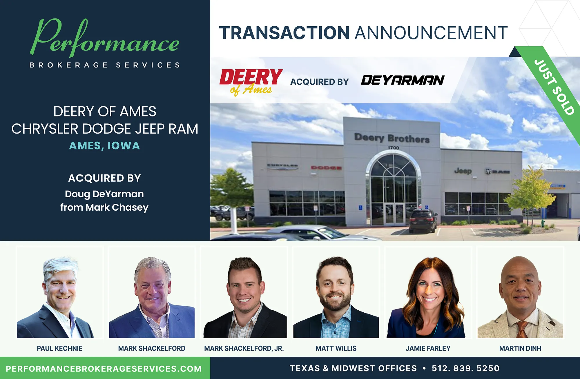Deery of Ames Chrysler Dodge Jeep Ram sells to Doug DeYarman with Performance Brokerage