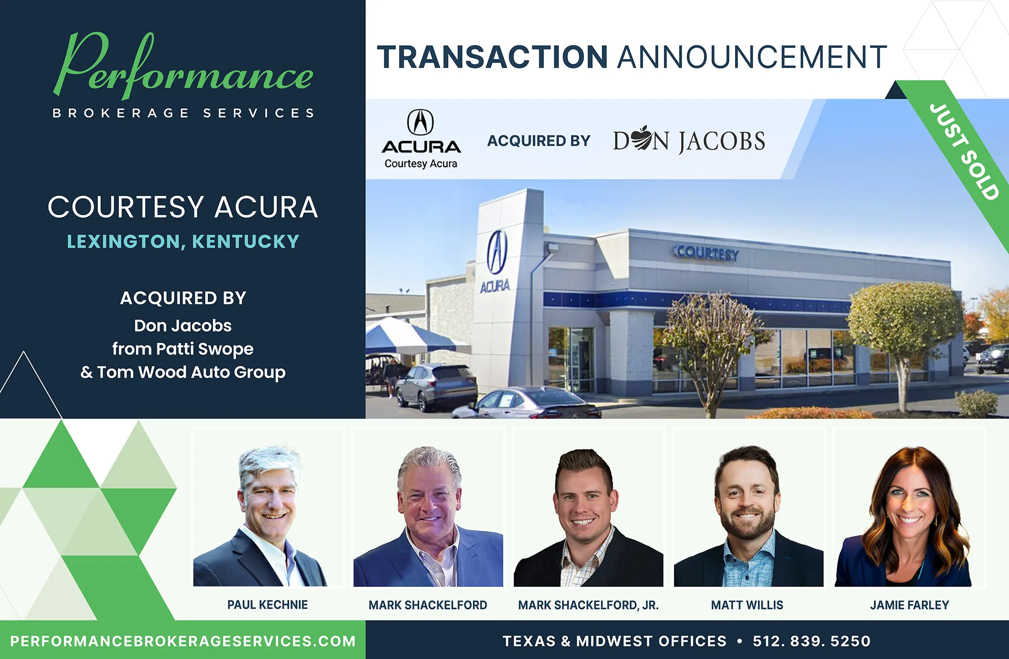 Courtesy Acura dealership in Lexington, Kentucky acquired by Don Jacobs, transaction completed by Performance Brokerage Services.