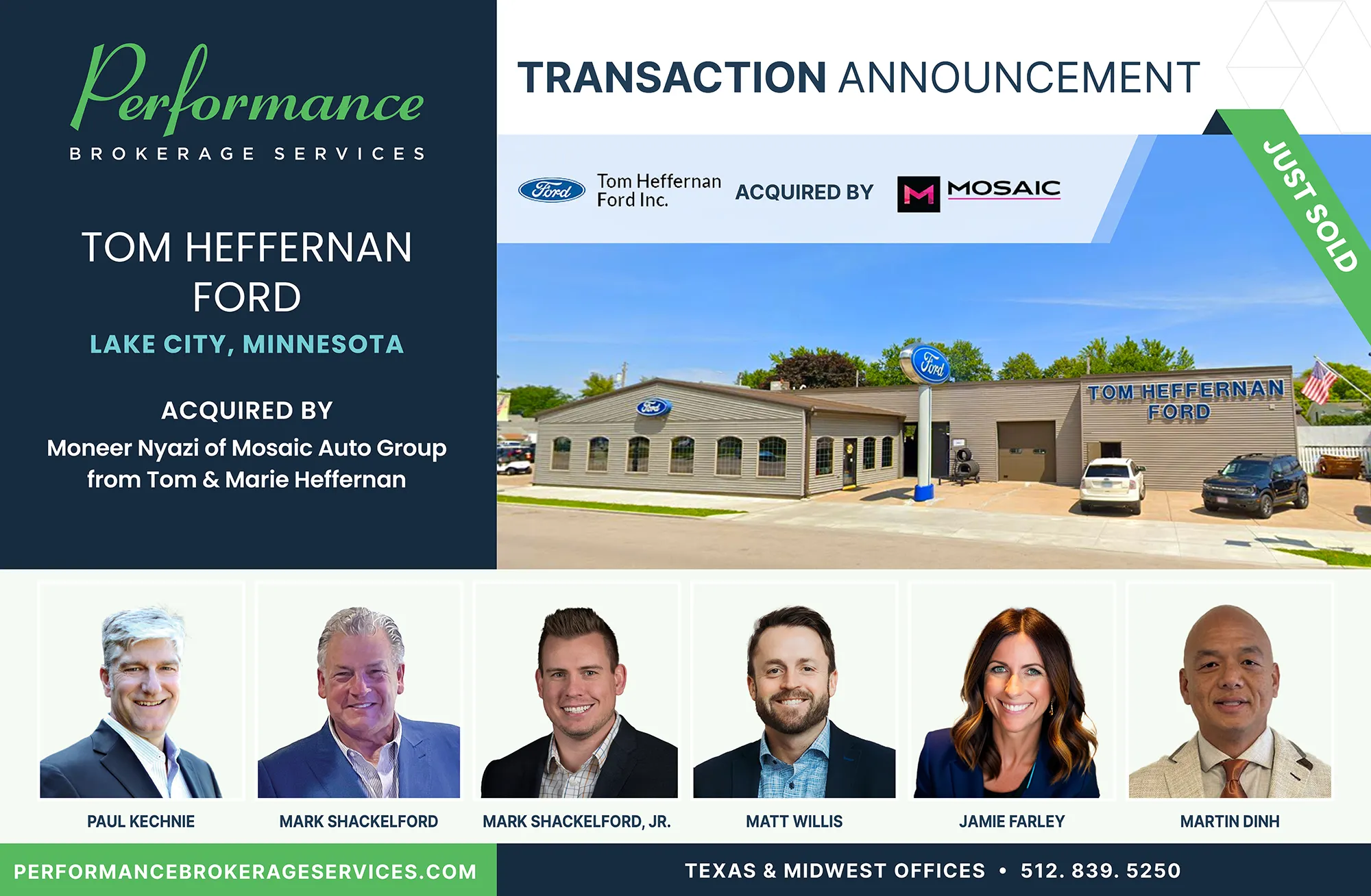 Tom Heffernan Ford sells to Moneer Nyazi of Mosaic Auto Group with Performance Brokerage