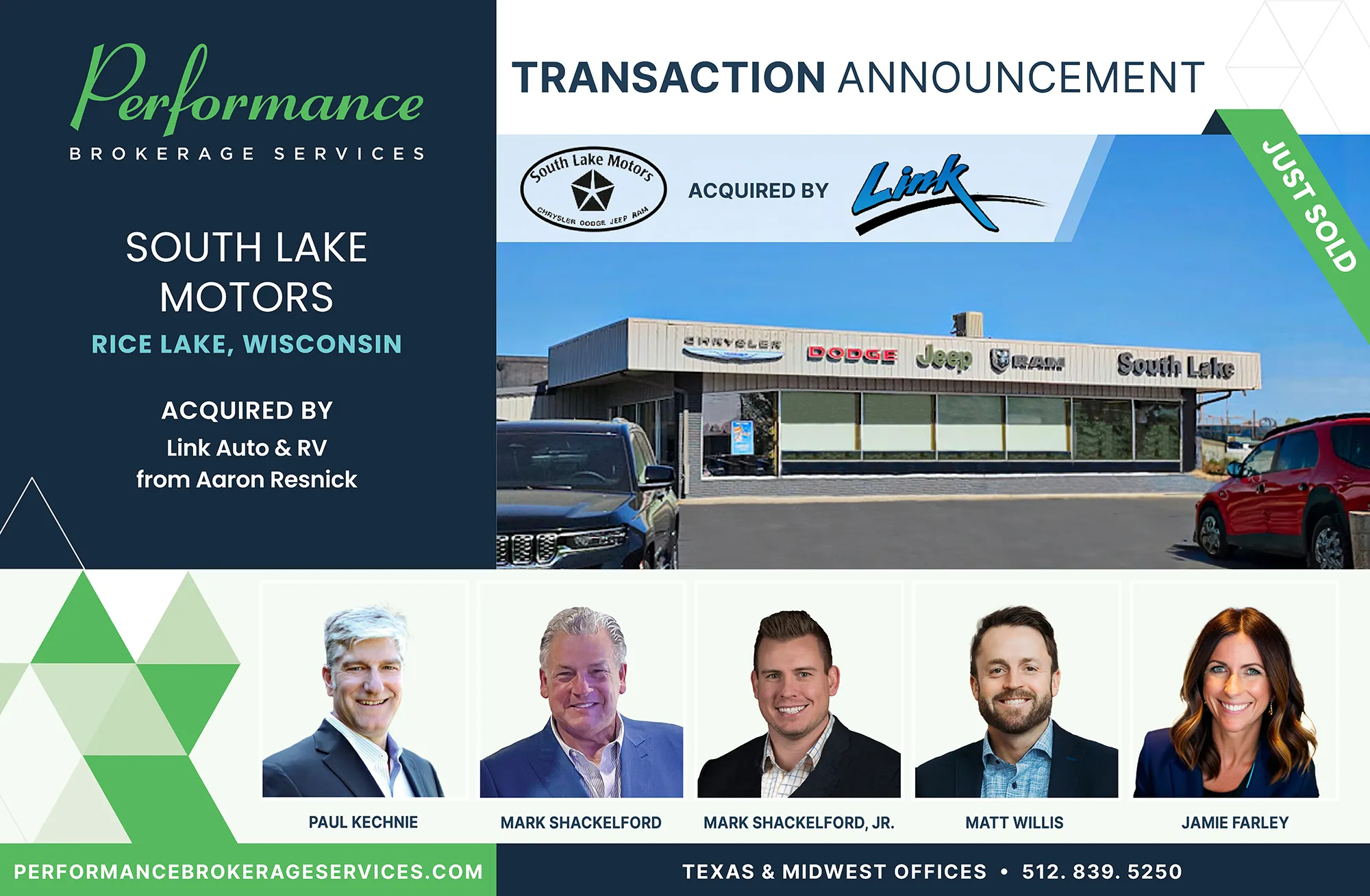 South Lake Motors dealership in Rice Lake, Wisconsin acquired by Link Auto & RV, transaction completed by Performance Brokerage Services.