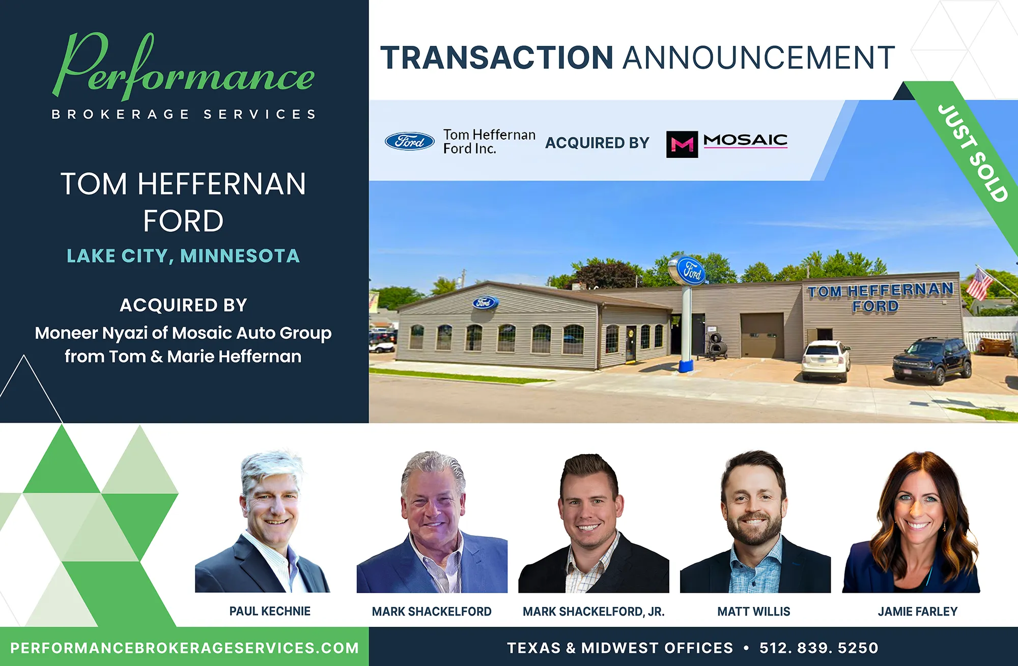 Tom Heffernan Ford dealership in Lake City, Minnesota acquired by Mosaic Auto Group, transaction completed by Performance Brokerage Services.