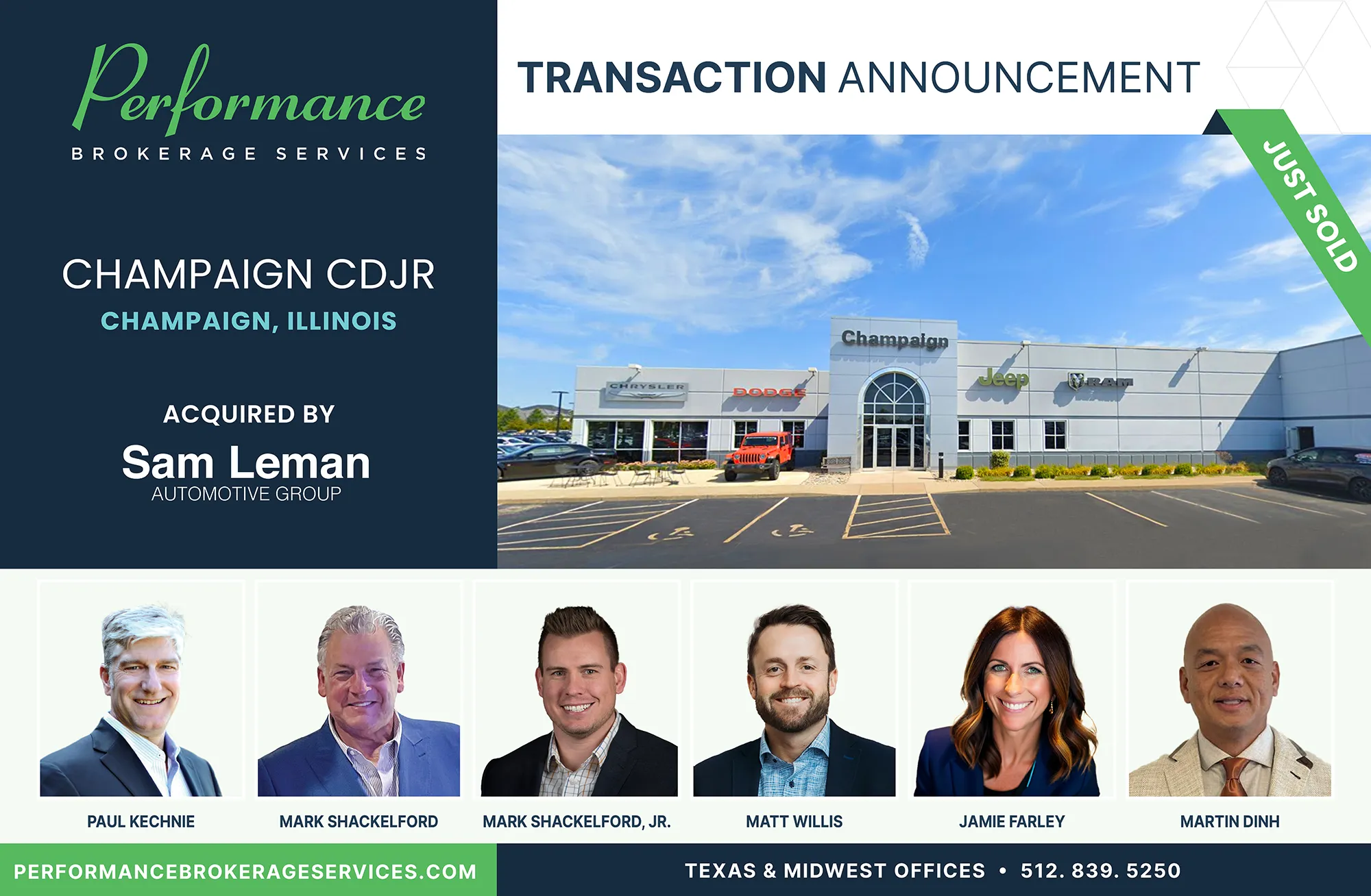 Hendershot Champaign CDJR sells to Sam Leman Automotive Group with Performance Brokerage