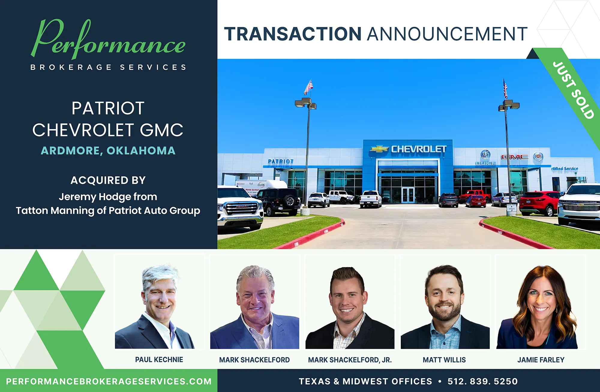 Patriot Chevrolet GMC dealership in Ardmore, Oklahoma acquired by Patriot Auto Group, transaction completed by Performance Brokerage Services.