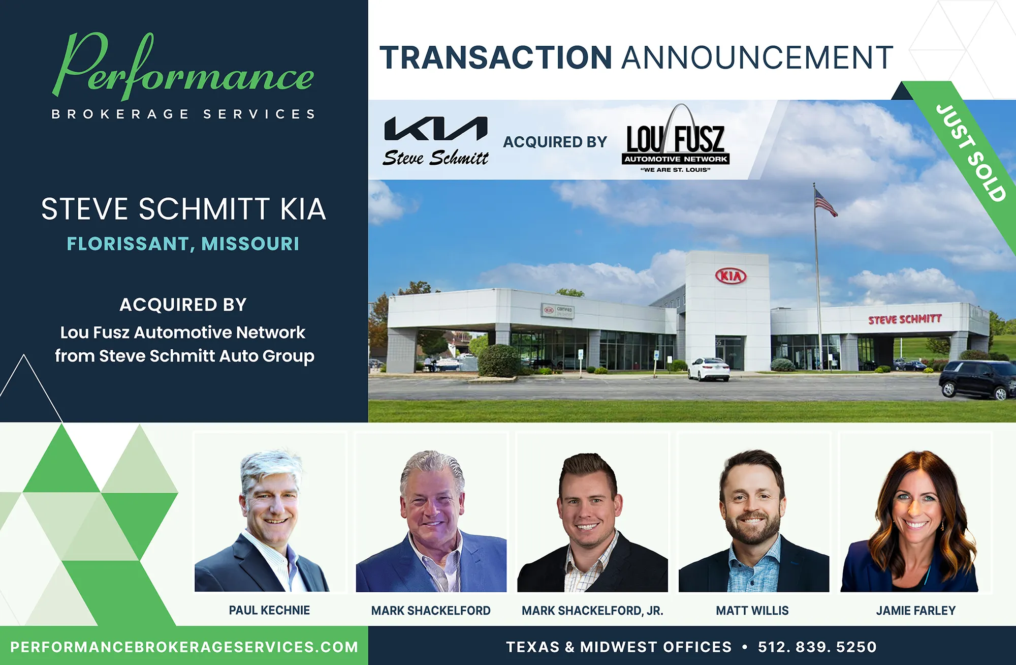 Steve Schmitt Kia dealership in Florissant, Missouri acquired by Lou Fusz Automotive Network, transaction completed by Performance Brokerage Services.