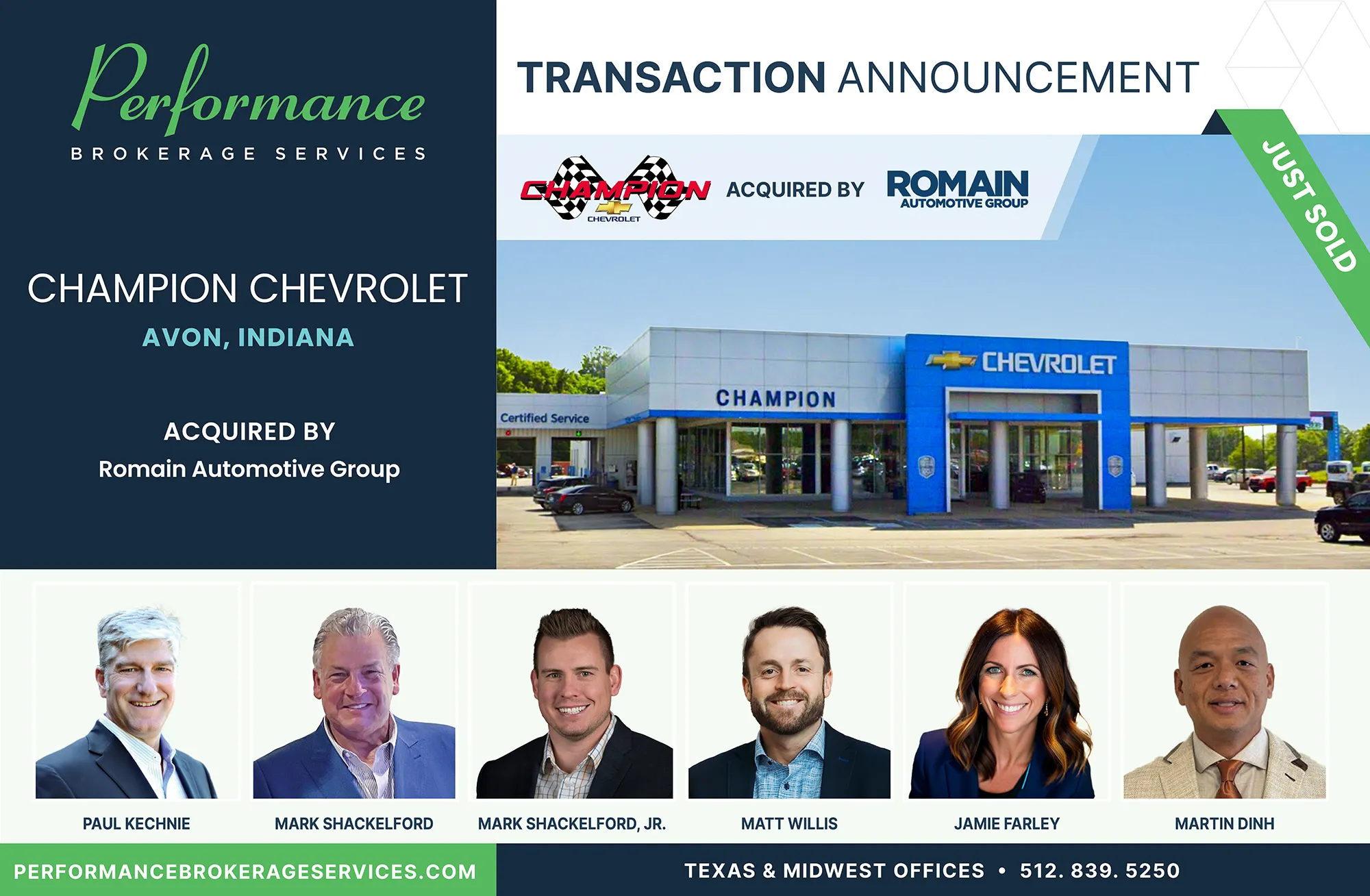 Champion Chevrolet sells to Ron Romain & Amy Romain Barron of Romain Automotive Group with Performance Brokerage
