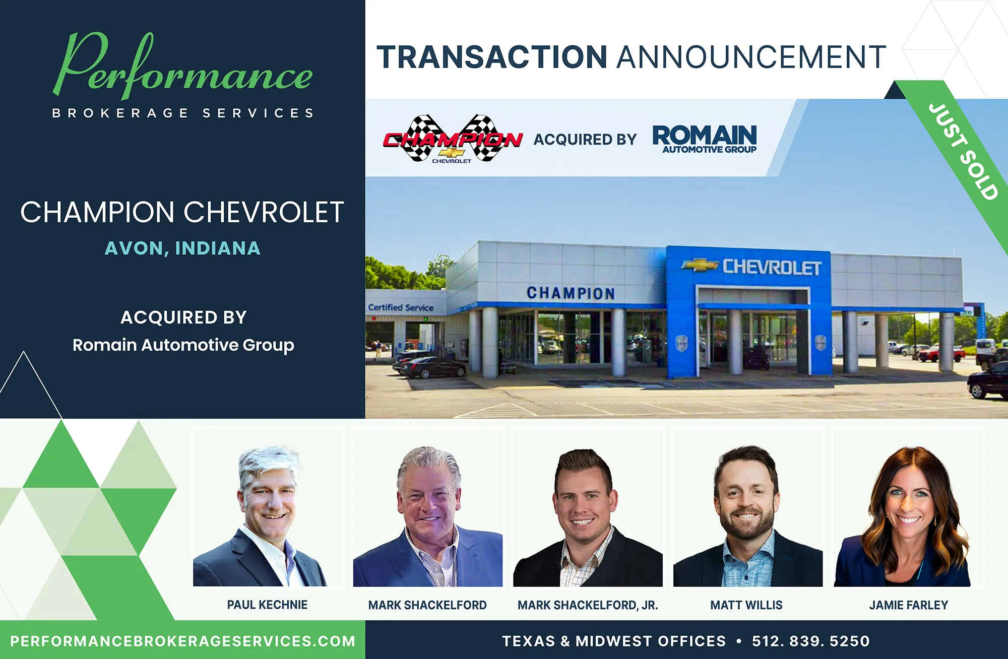 Champion Chevrolet dealership in Avon, Indiana acquired by Romain Automotive Group, transaction completed by Performance Brokerage Services.
