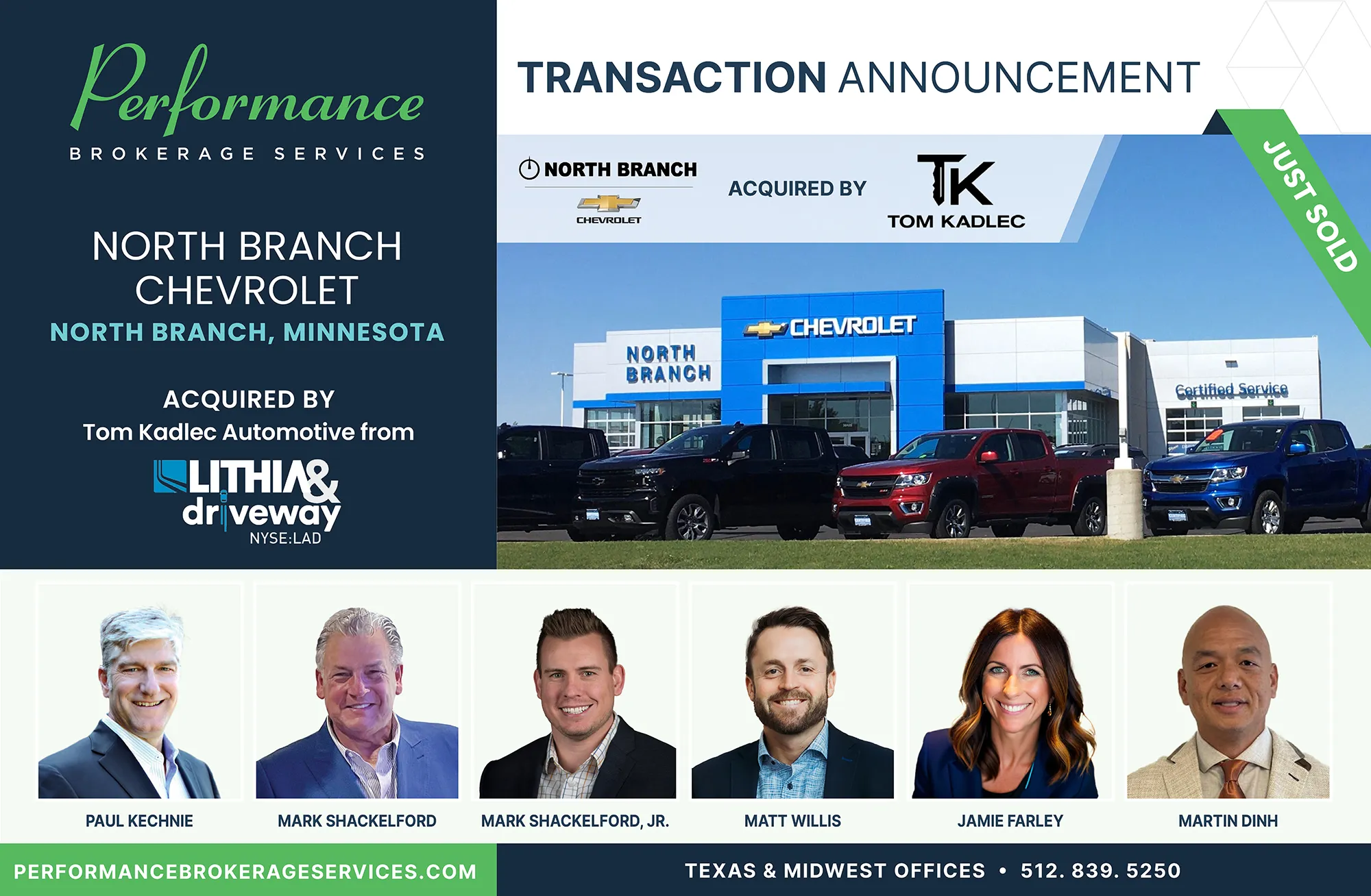 North Branch Chevrolet sells to Tom Kadlec Automotive with Performance Brokerage