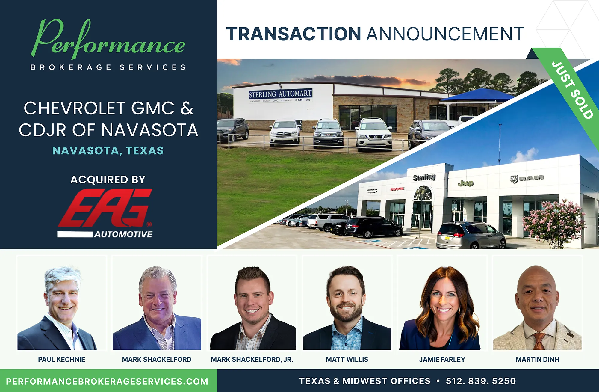Chevrolet GMC &CDJR of Navasota sell to EAG Automotive with Performance Brokerage