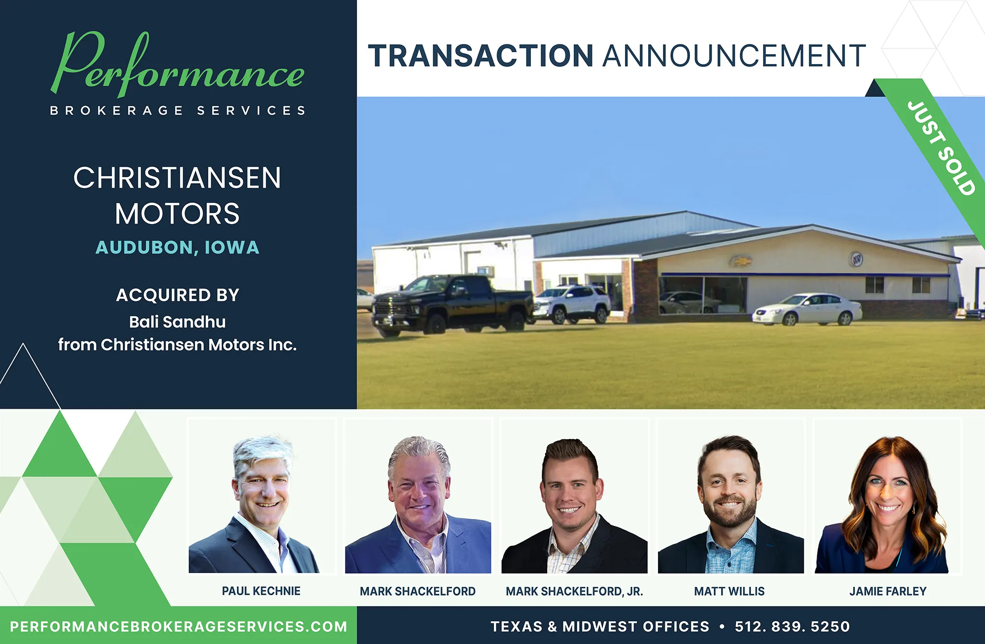 Christiansen Motors dealership in Audubon, Iowa acquired by Bali Sandhu, transaction facilitated by Performance Brokerage Services.