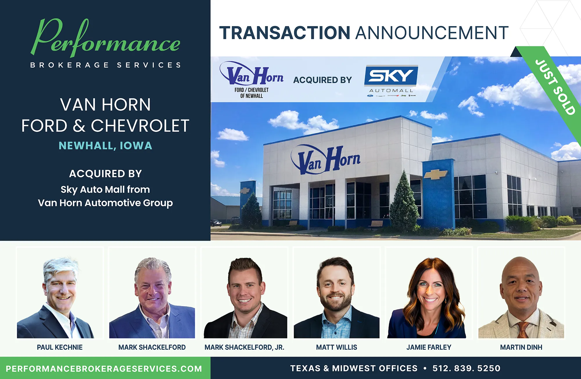 Van Horn Ford Chevrolet sells to Sky Auto Mall with Performance Brokerage
