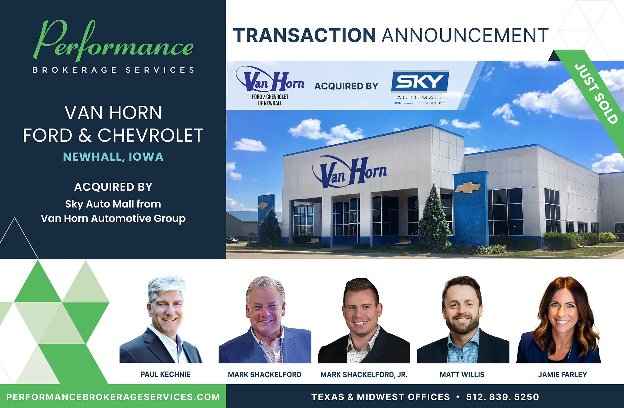 Van Horn Ford and Chevrolet dealership in Newhall, Iowa acquired by Sky Auto Mall, transaction facilitated by Performance Brokerage Services.