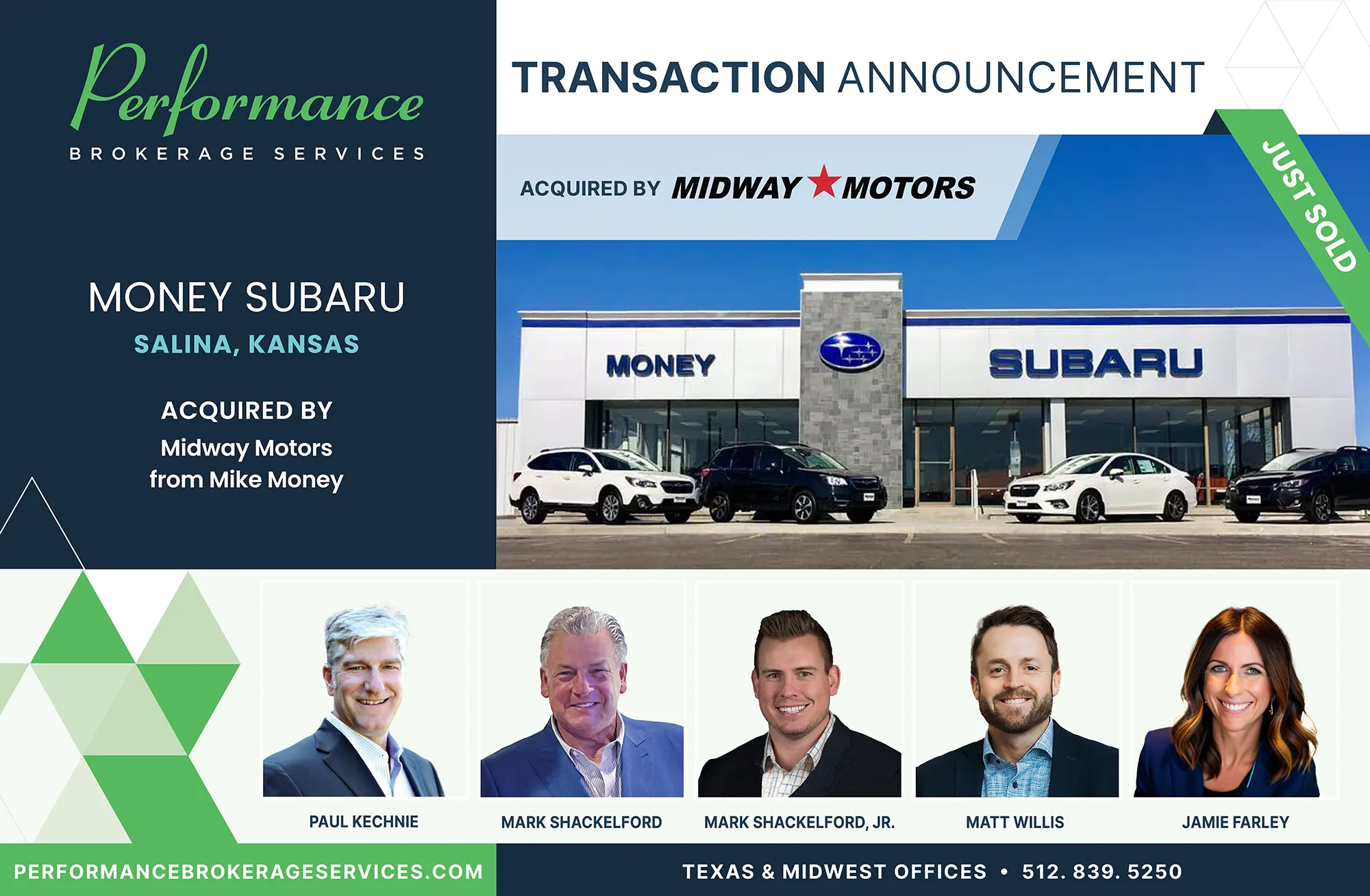 Money Subaru dealership in Salina, Kansas acquired by Midway Motors, transaction facilitated by Performance Brokerage Services.