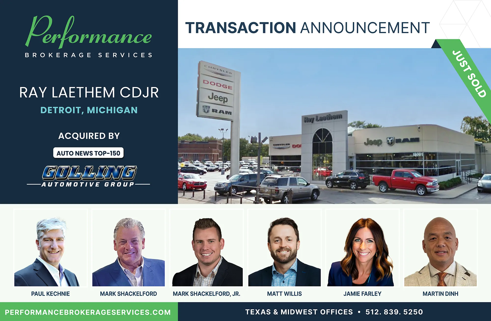 Ray Laethem CDJR sells to Golling Automotive Group with Performance Brokerage