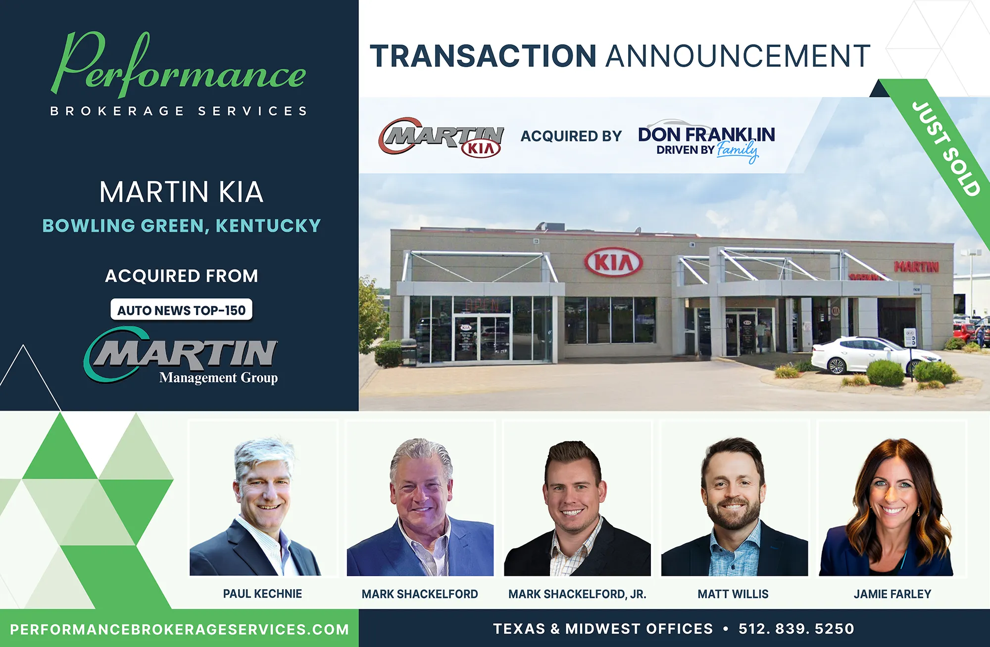 Martin Kia dealership in Bowling Green, Kentucky acquired by Don Franklin Auto Group, transaction facilitated by Performance Brokerage Services.