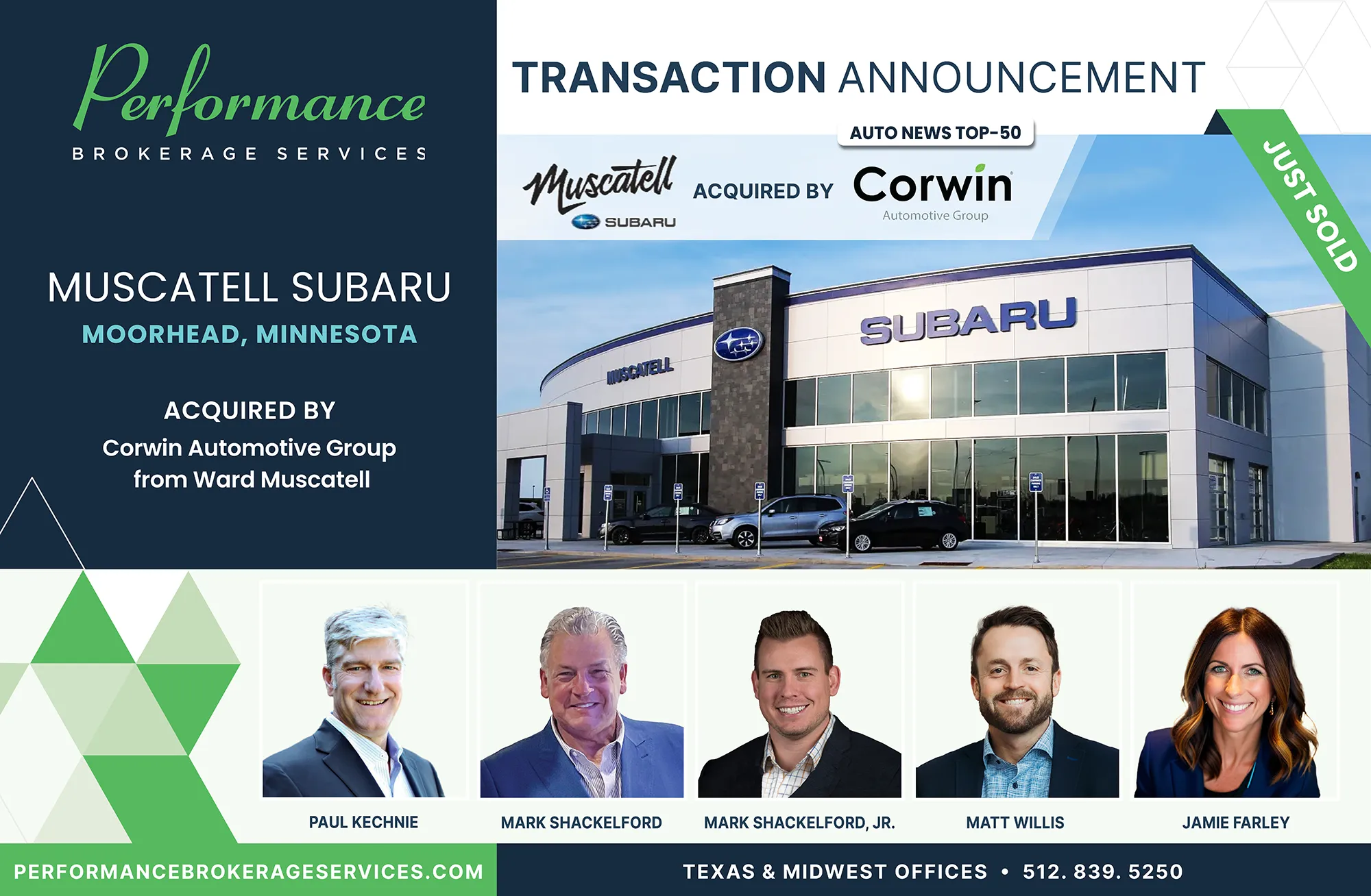 Muscatell Subaru dealership in Moorhead, Minnesota acquired by Corwin Automotive Group, transaction facilitated by Performance Brokerage Services.