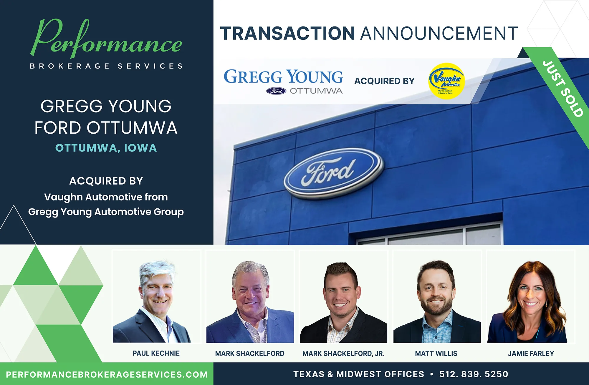 Gregg Young Ford dealership in Ottumwa, Iowa acquired by Vaughn Automotive, transaction facilitated by Performance Brokerage Services.