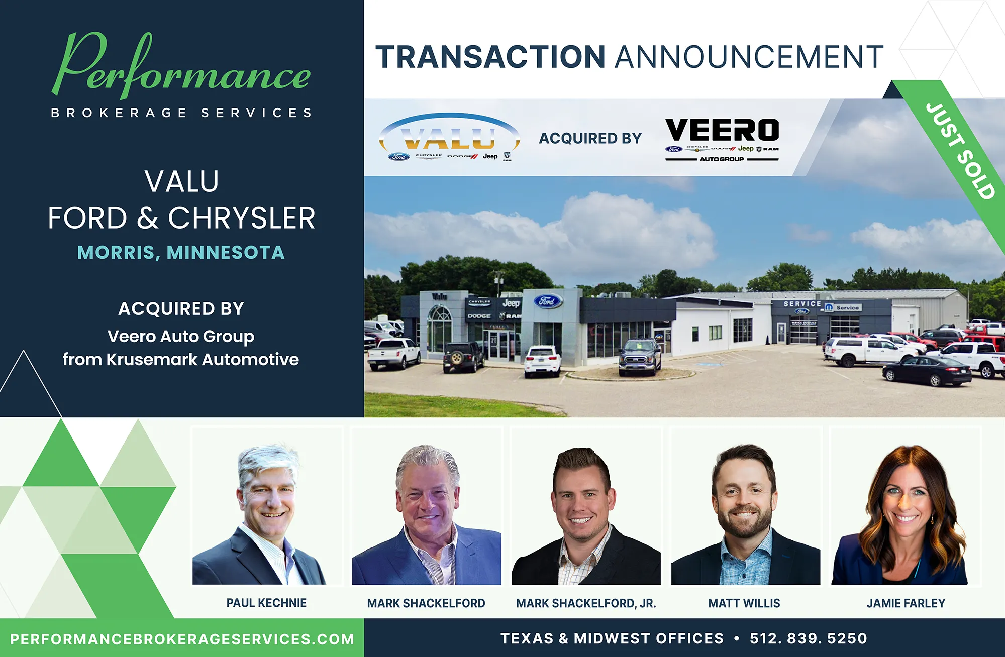 Valu Ford & Chrysler dealership in Morris, Minnesota acquired by Veero Auto Group, transaction facilitated by Performance Brokerage Services.