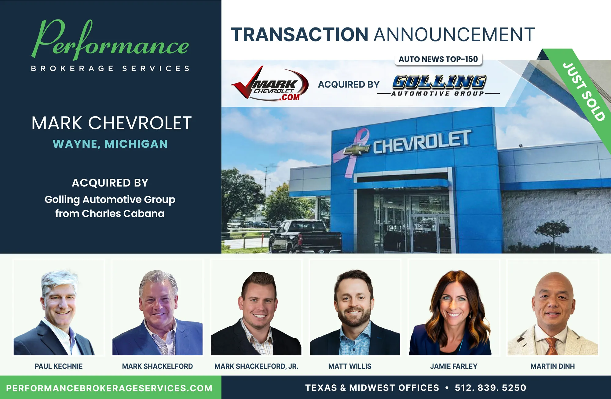 Mark Chevrolet sells to Golling Automotive with Performance Brokerage